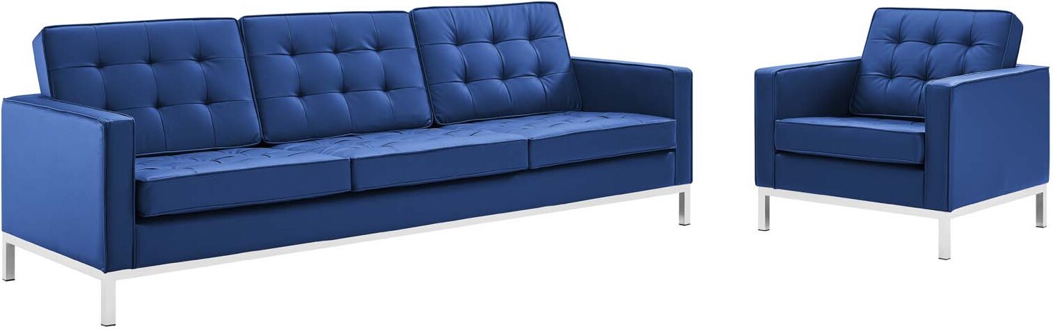 Loft Silver Navy Tufted Upholstered Faux Leather Sofa And Arm