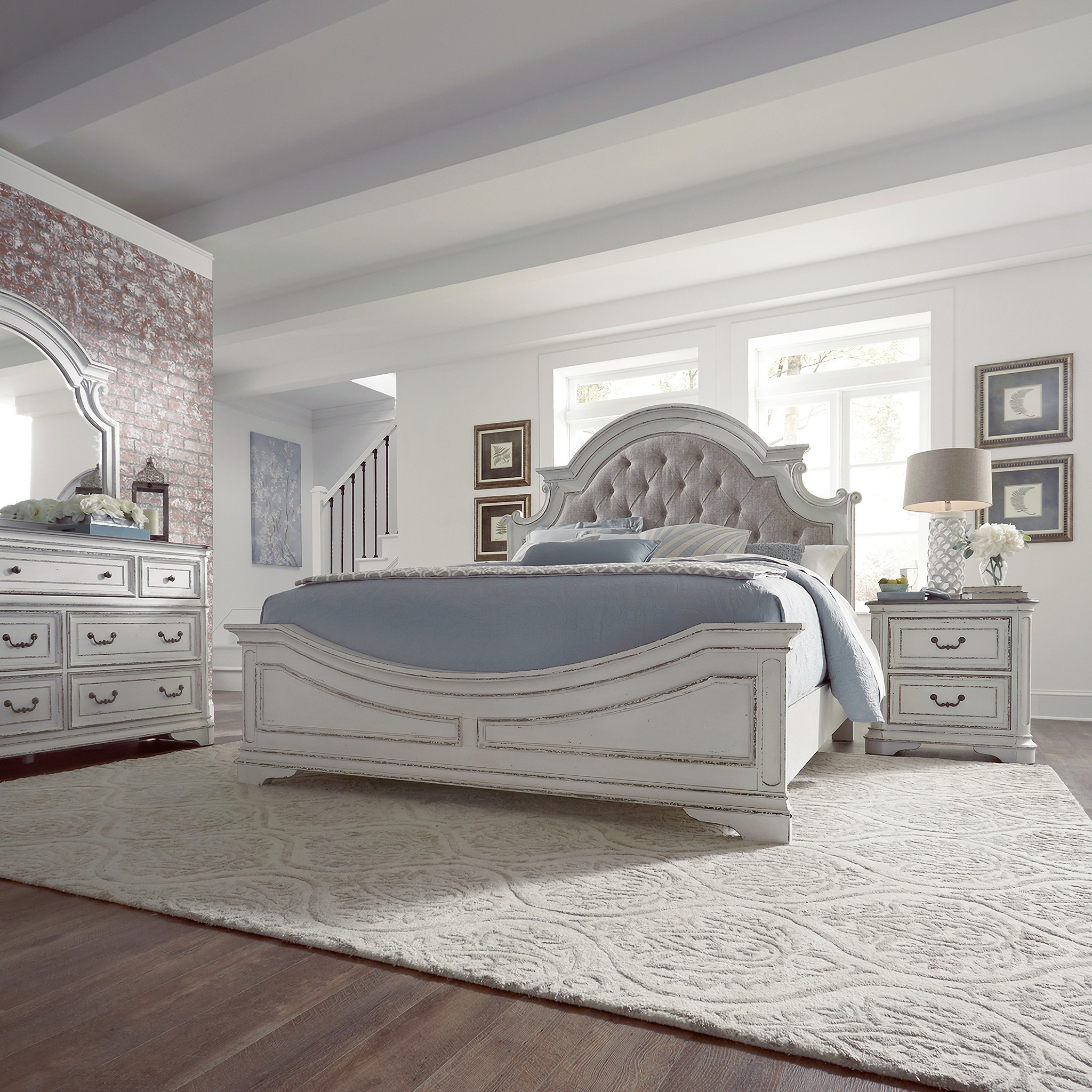 Magnolia Manor Antique White Upholstered Panel Bedroom Set by Liberty