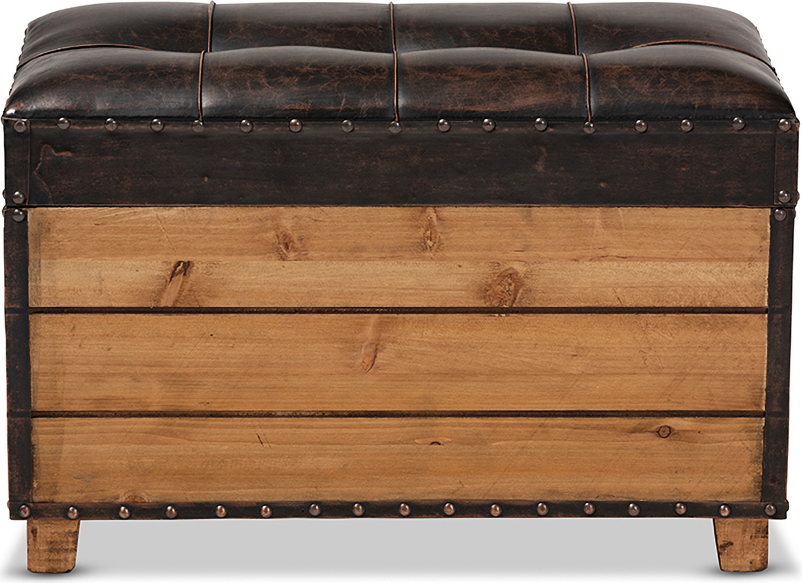 Marelli Rustic Dark Brown Faux Leather Upholstered 2 Piece Wood Storage Trunk Ottoman Set 1stopbedrooms