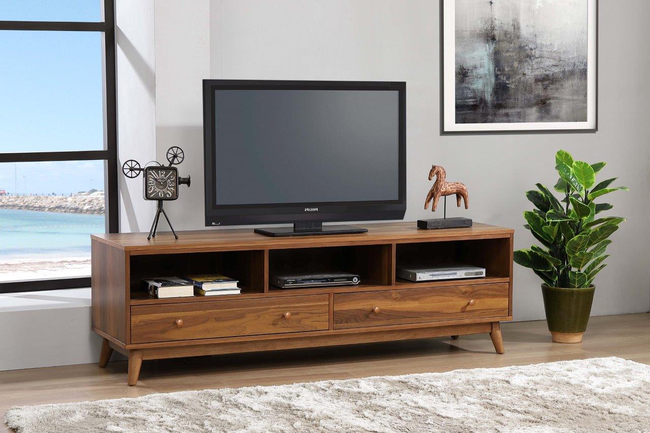 Mid Modern 72 Inch Low Profile Entertainment Console, Walnut