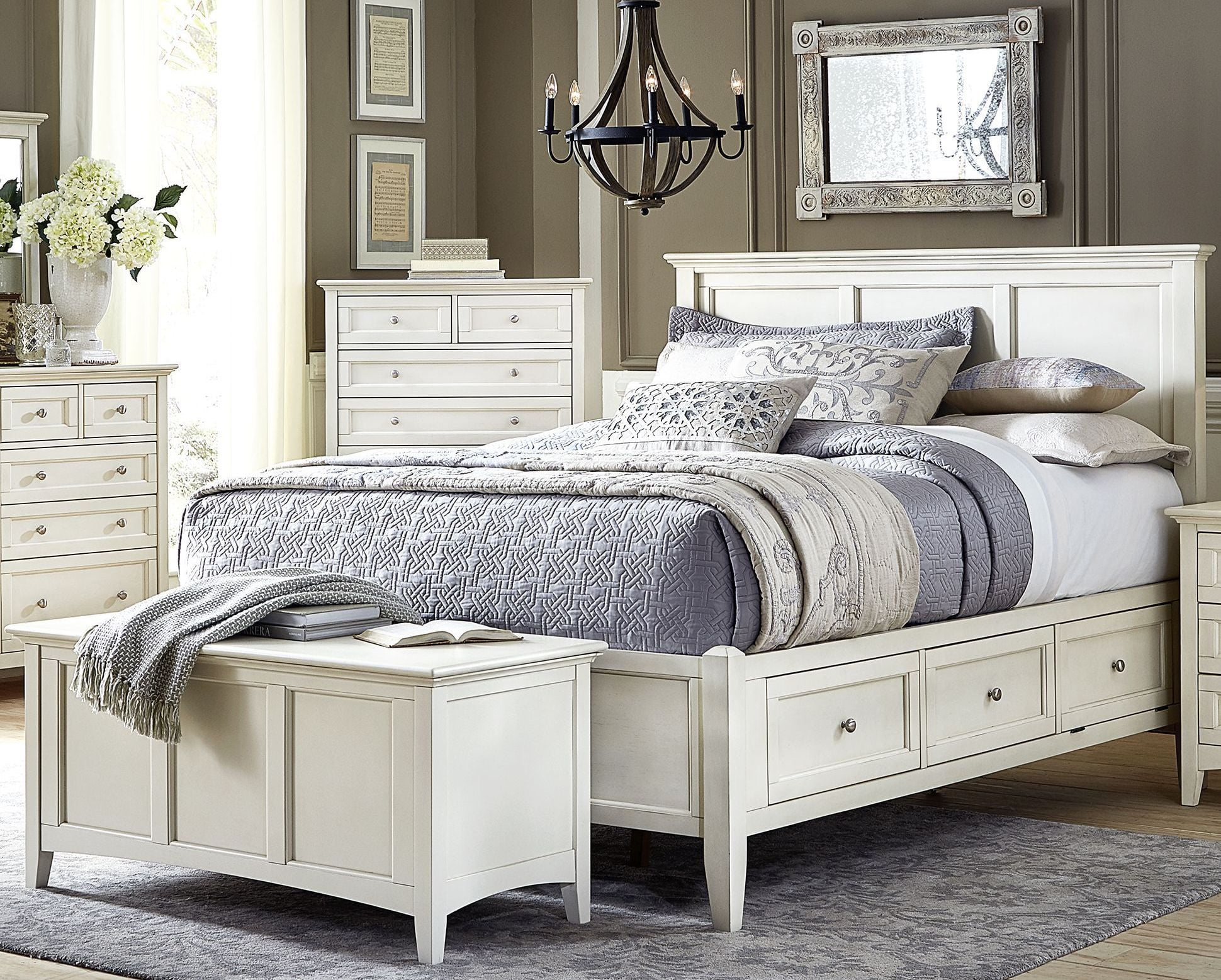 white queen bed with mattress