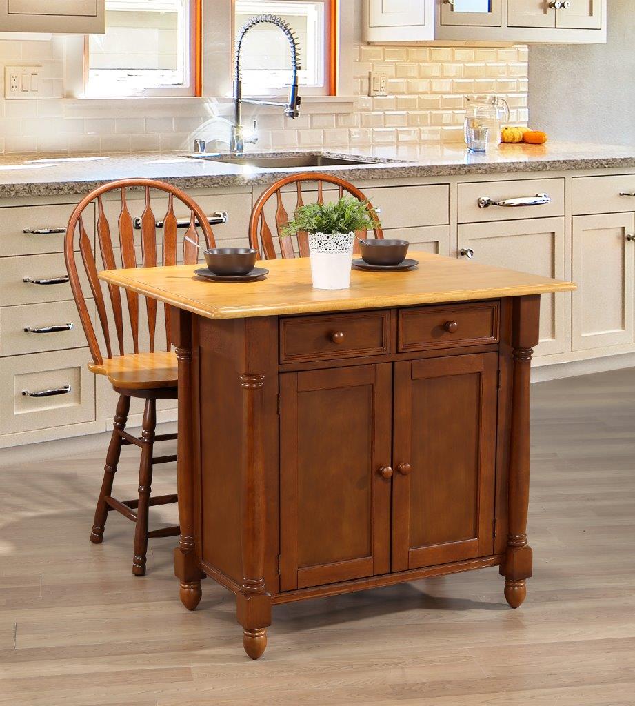 Oak Selections Storage Nutmeg with Light Oak Drop Leaf Kitchen Island with  2 Swivel Stools