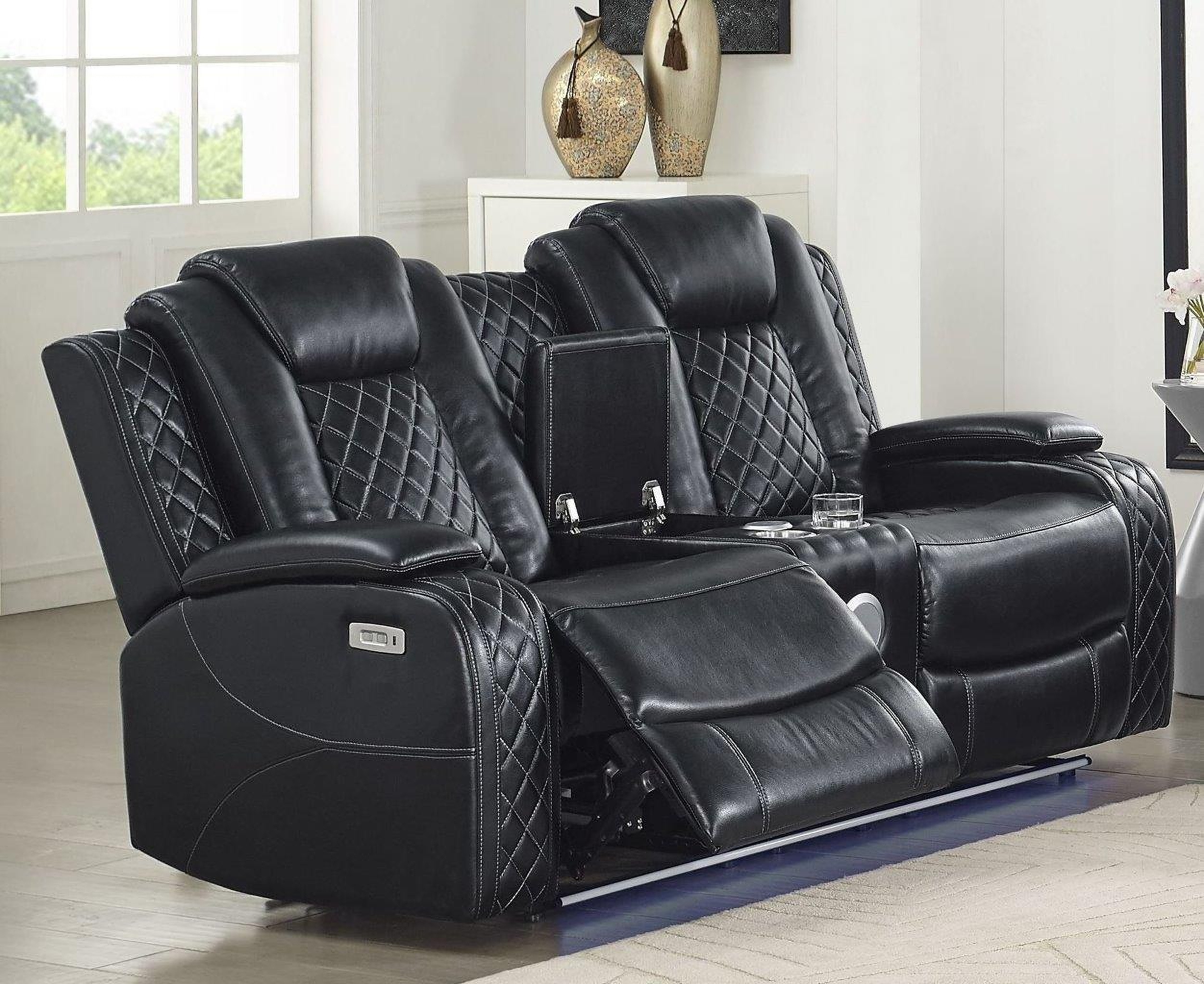 black leather reclining sofa console