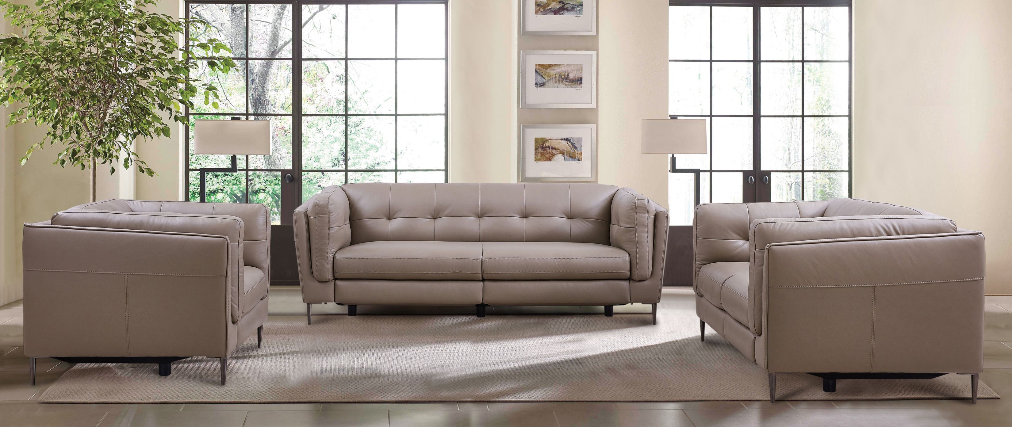 greige leather reclining sofa