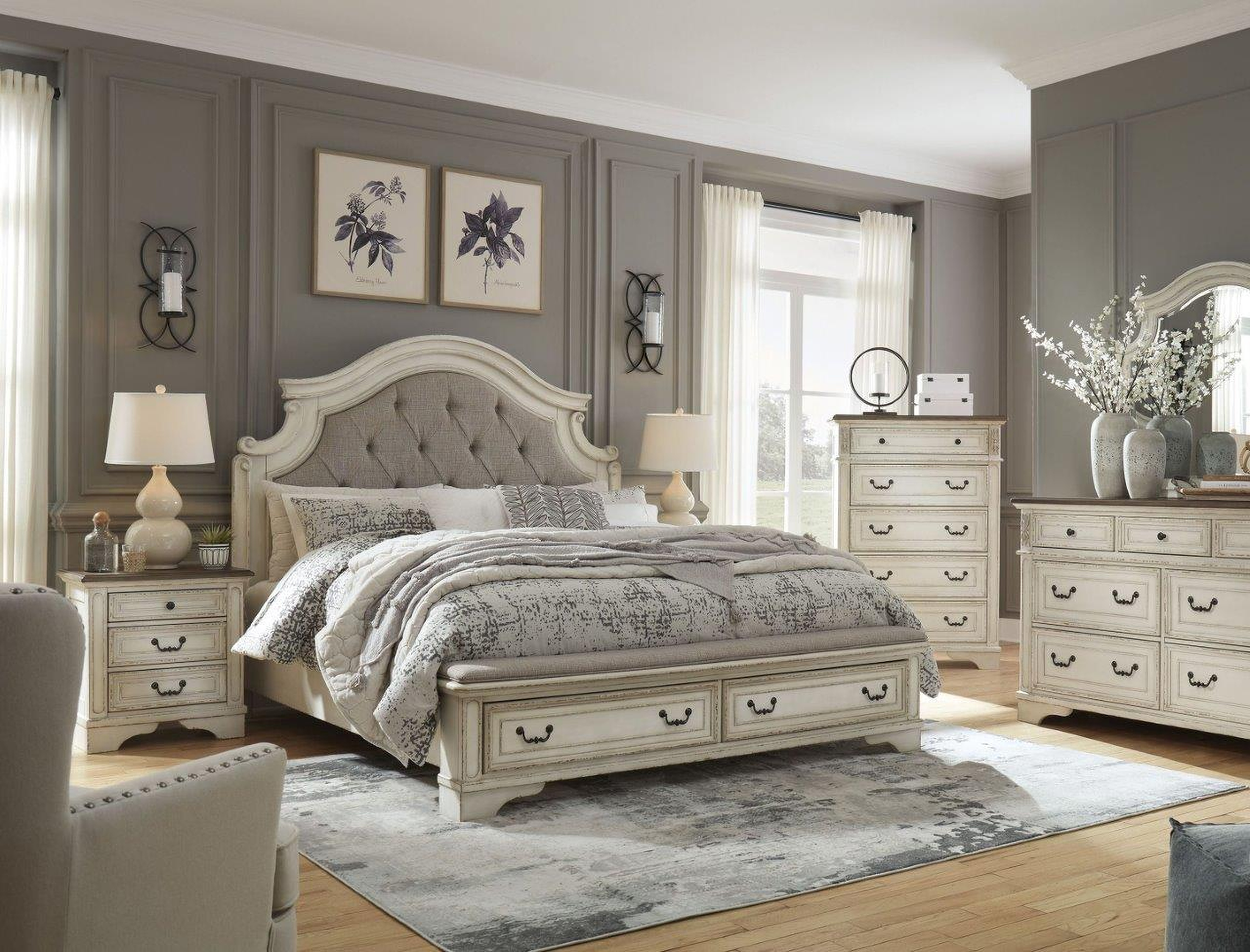 Realyn Chipped White Upholstered Panel Bedroom Set With Bench Footboard