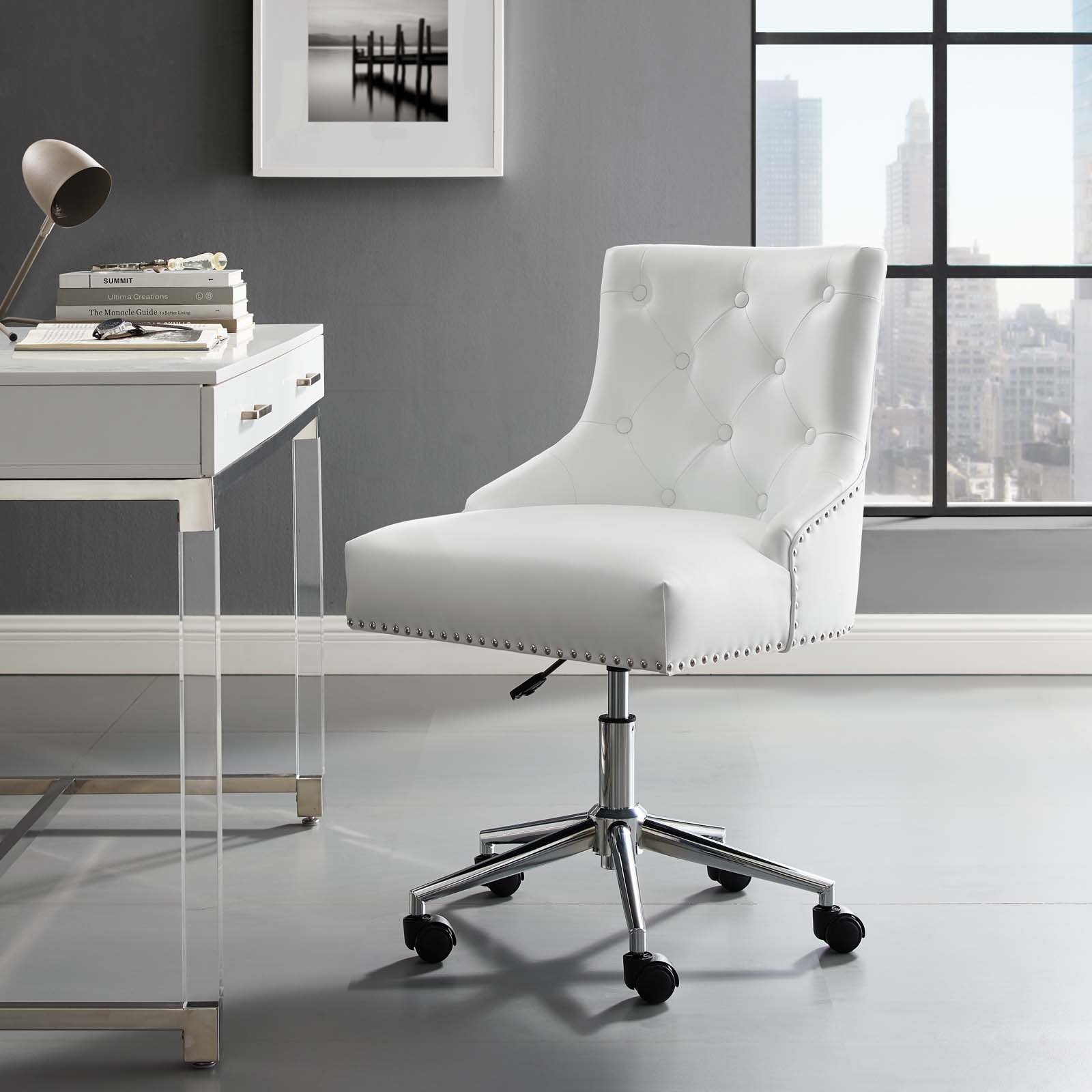 Regent White Tufted Button Swivel Faux Leather Office Chair EEI-3608