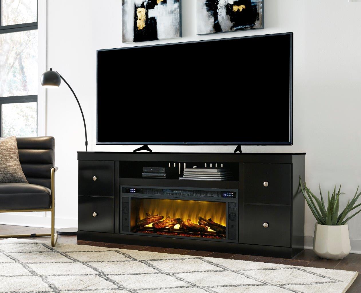 Shay Black 75 Inch TV Stand with Electric Fireplace - 1StopBedrooms.