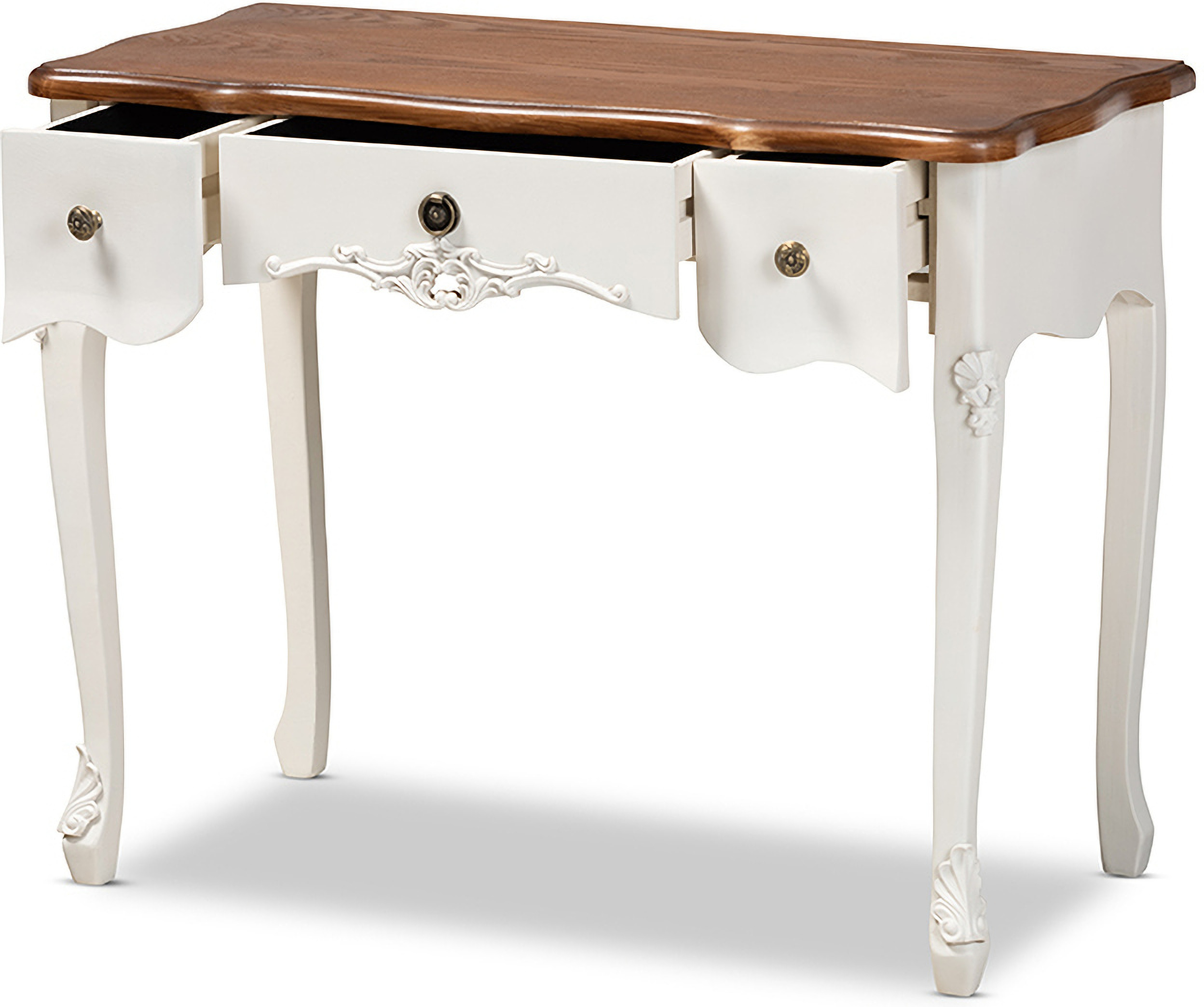 Sophie Classic Traditional French Country White And Brown Finished Small 3 Drawer Wood Console Table 1stopbedrooms