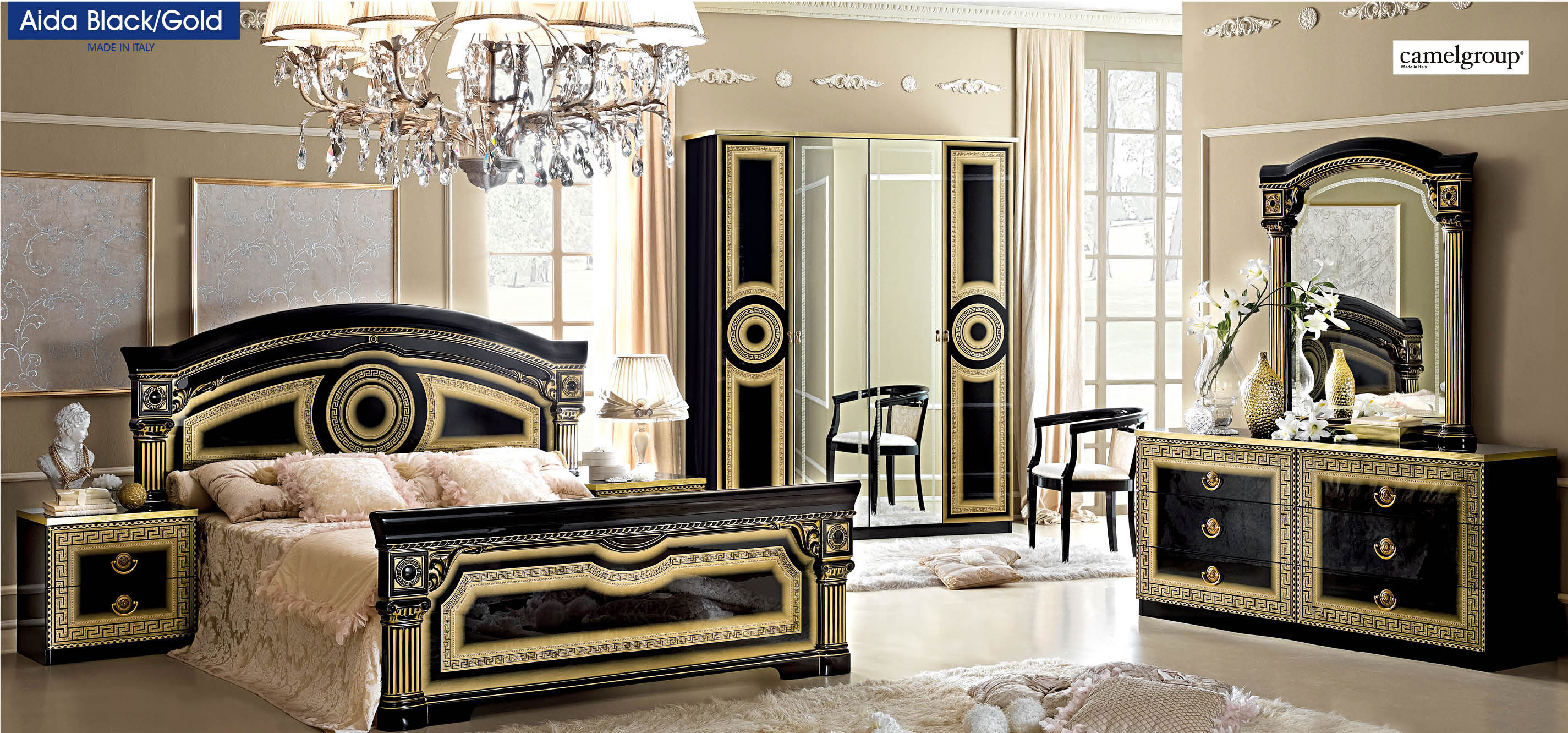 Esf Furniture Aida Panel Bedroom Set In Black W Gold
