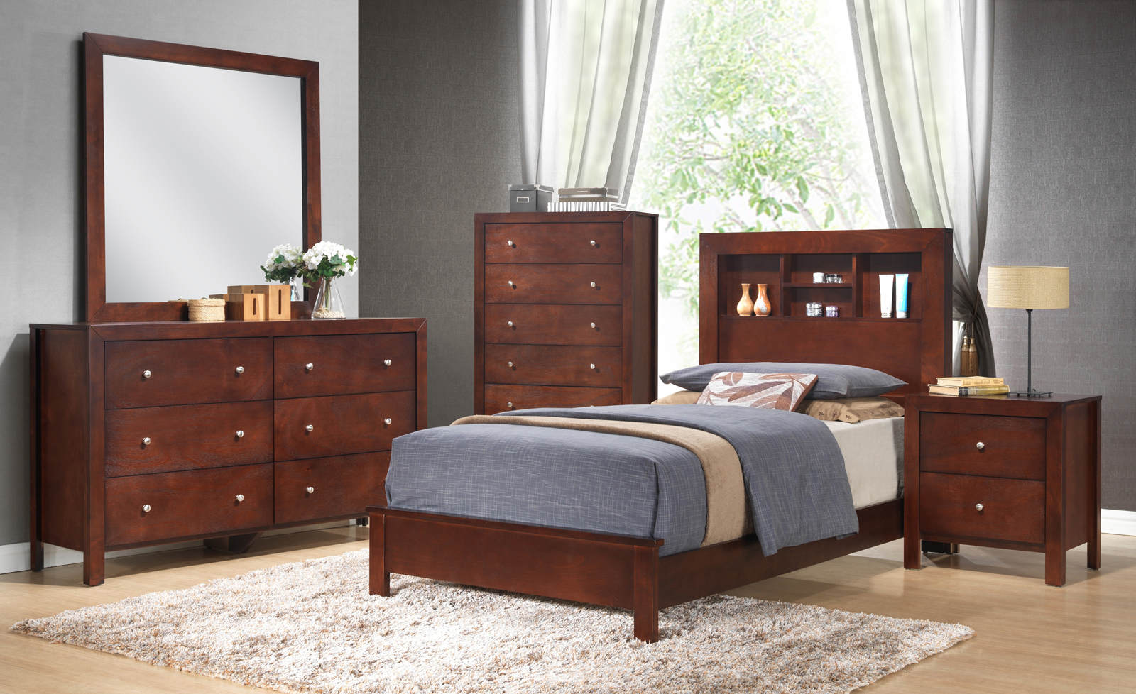 Glory Furniture G2400 Bookcase Headboard Bedroom Set in Cherry - 1StopBedrooms.