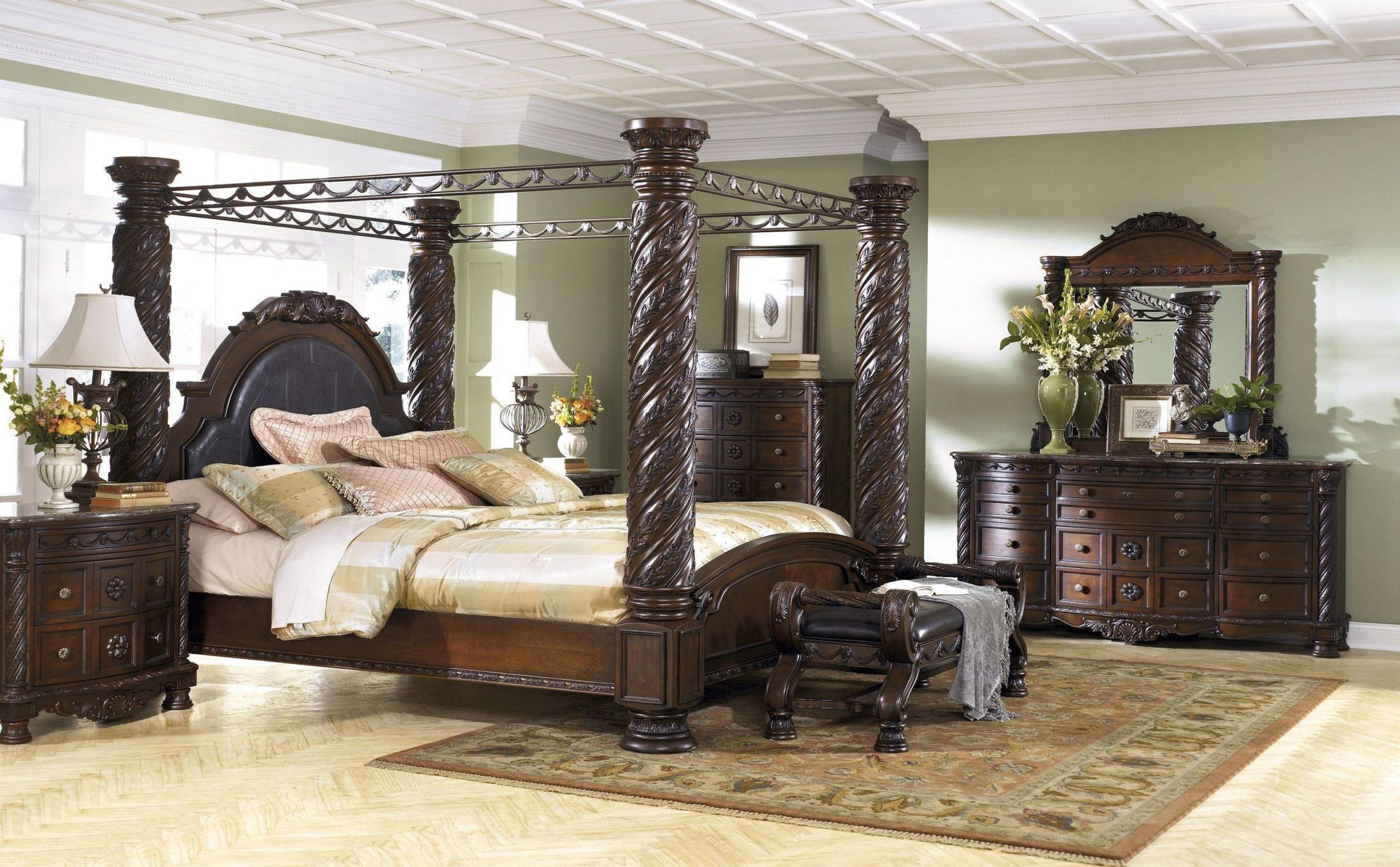 Cassimore North Shore Pearl Silver Upholstered Poster Canopy Bedroom Set 1stopbedrooms