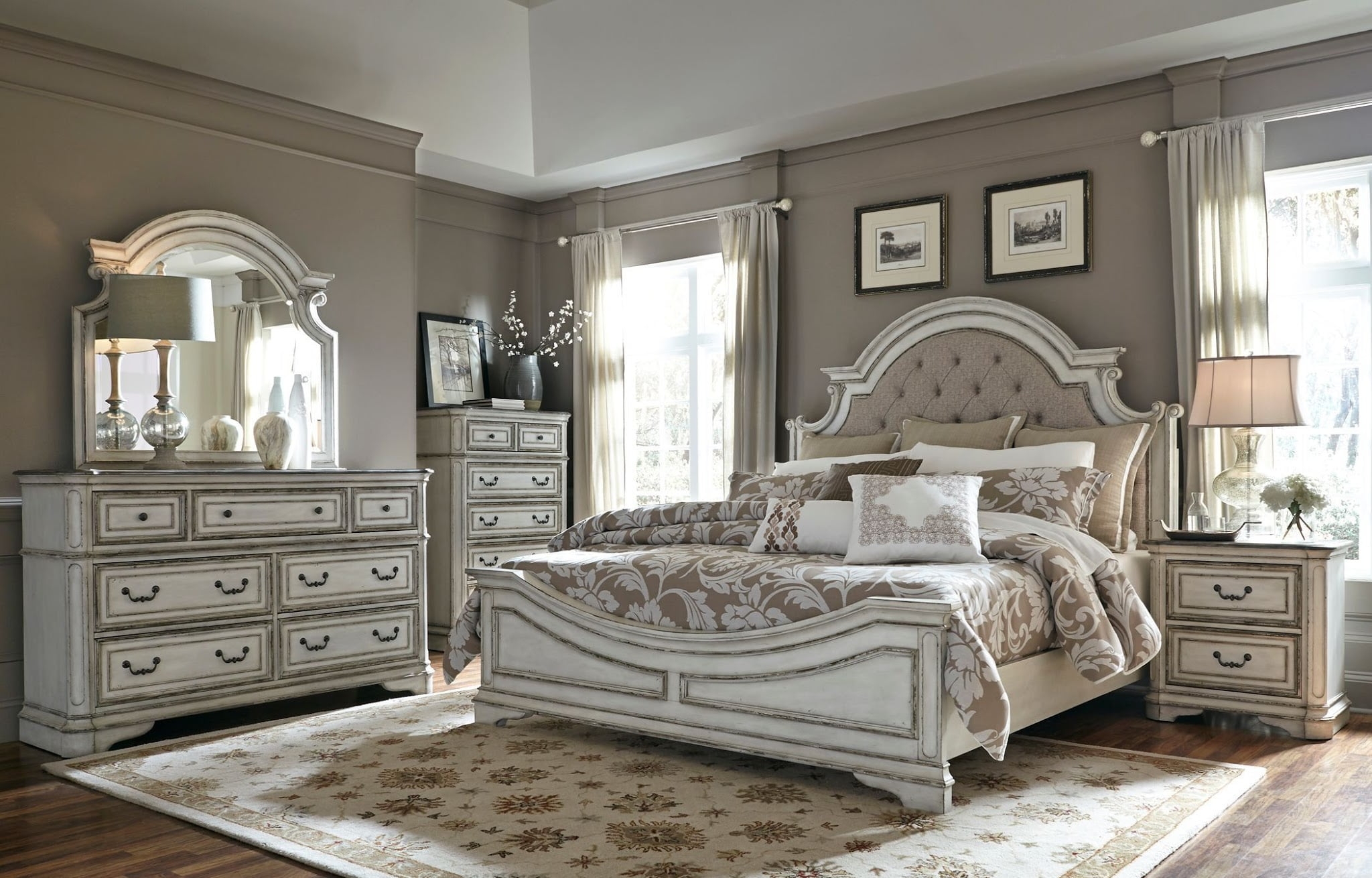 Magnolia Manor Antique White Upholstered Panel Bedroom Set