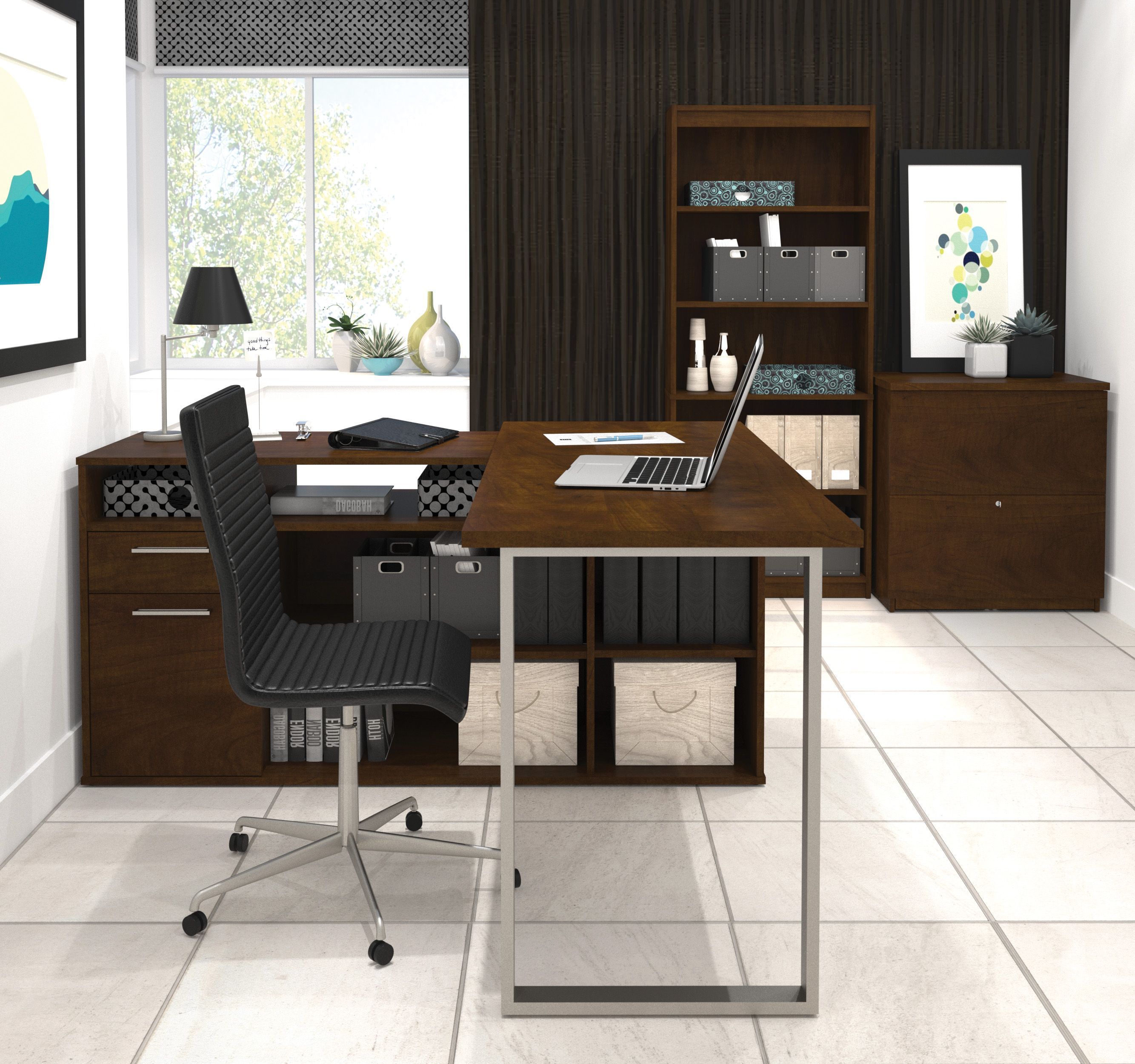 Solay Chocolate L Shaped Desk with Lateral File and Bookcase