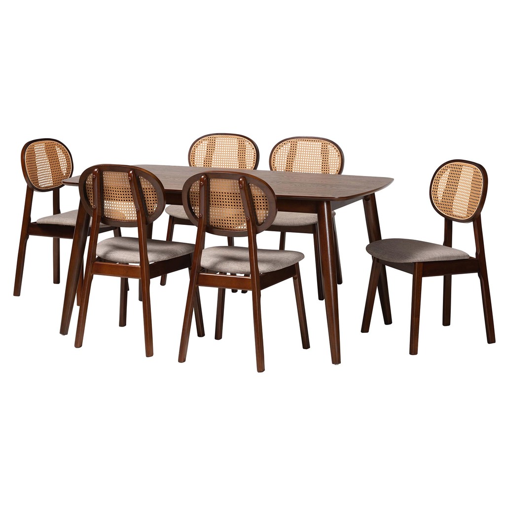 Darrion Fabric and Wood 7 Piece Dining Set In Grey and Walnut