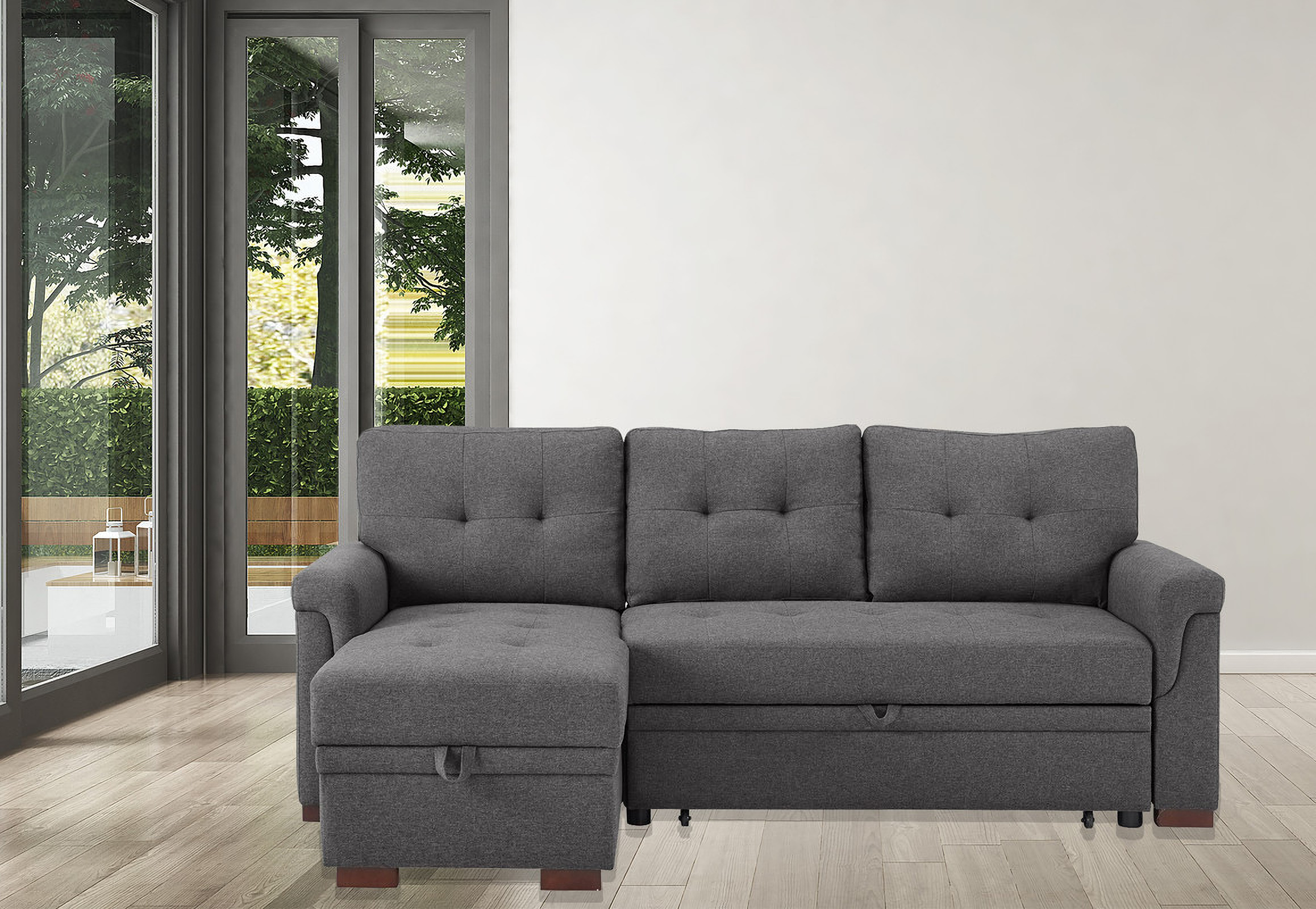 Destiny Dark Gray Linen Reversible Sleeper Sectional Sofa With Storage ...