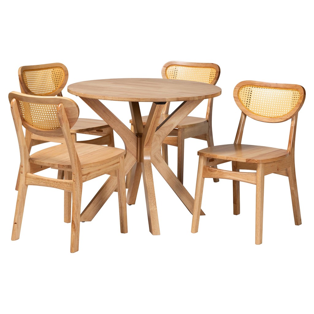 Donato Wood and Rattan 5 Piece Dining Set In Oak Brown by Baxton