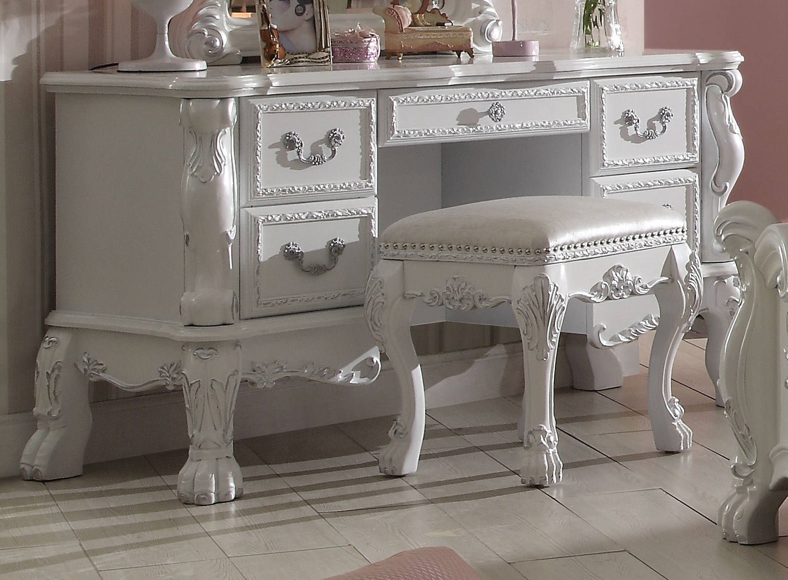 Acme Dresden Vanity Desk in Antique White 30670 1StopBedrooms.