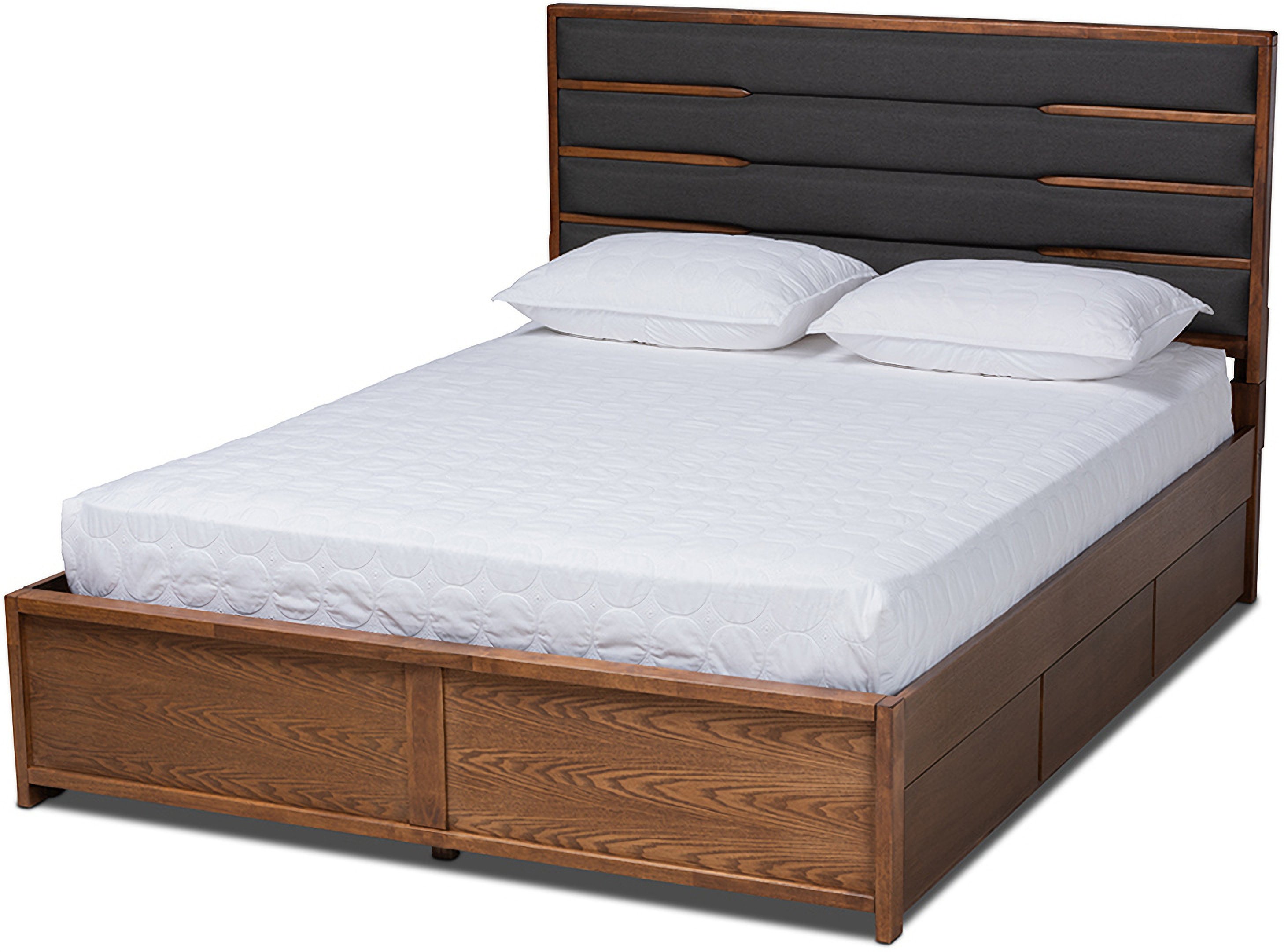 Baxton Studio Elin Modern and Contemporary Dark Grey Fabric Upholstered Walnut Finished Wood Queen Size Platform Storage Bed with Six Drawers Baxton Studio Elin Modern and Contemporary Dark Grey Fabric Upholstered Walnut Finished Wood Queen Size Platform Storage Bed with Six Drawers