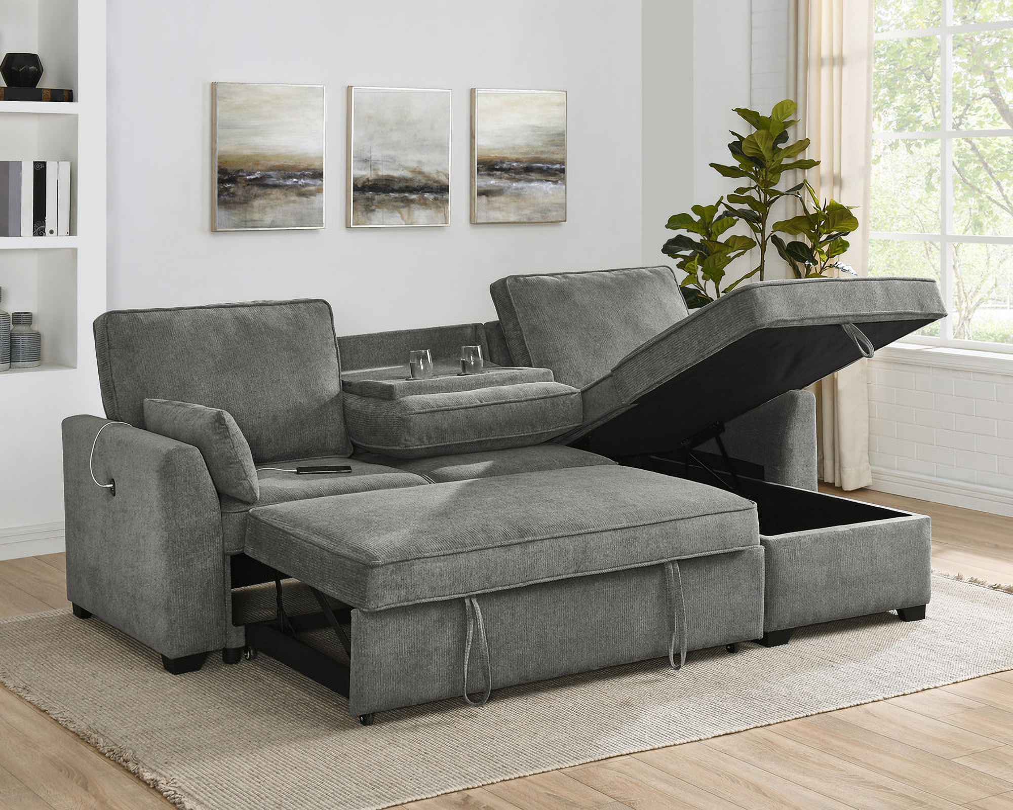 Ember 92 Inch Fabric Sleeper Sectional with Reversible Storage Chaise