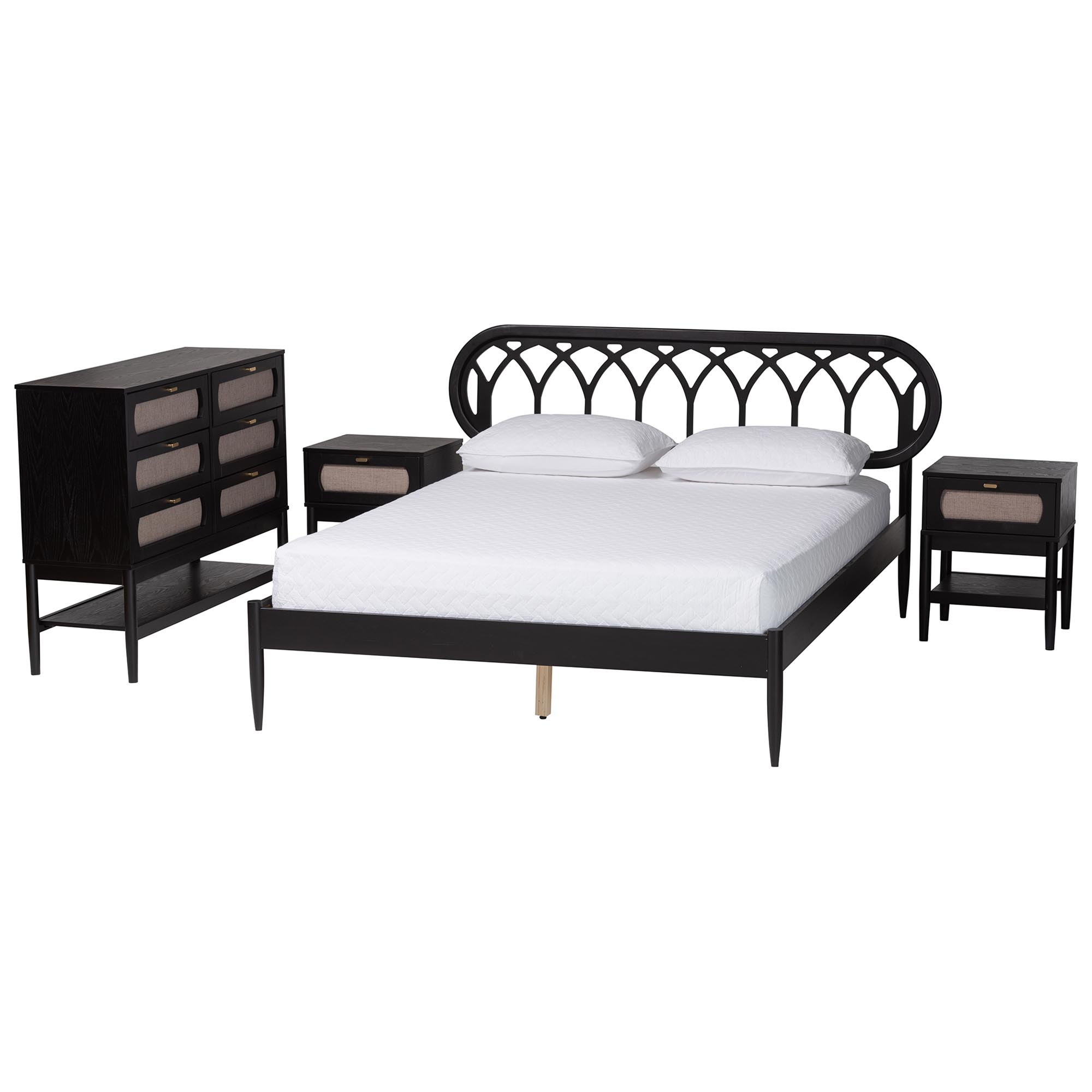 Florica Wood Queen 4-Piece Bedroom Set with Two Nightstands In Black ...