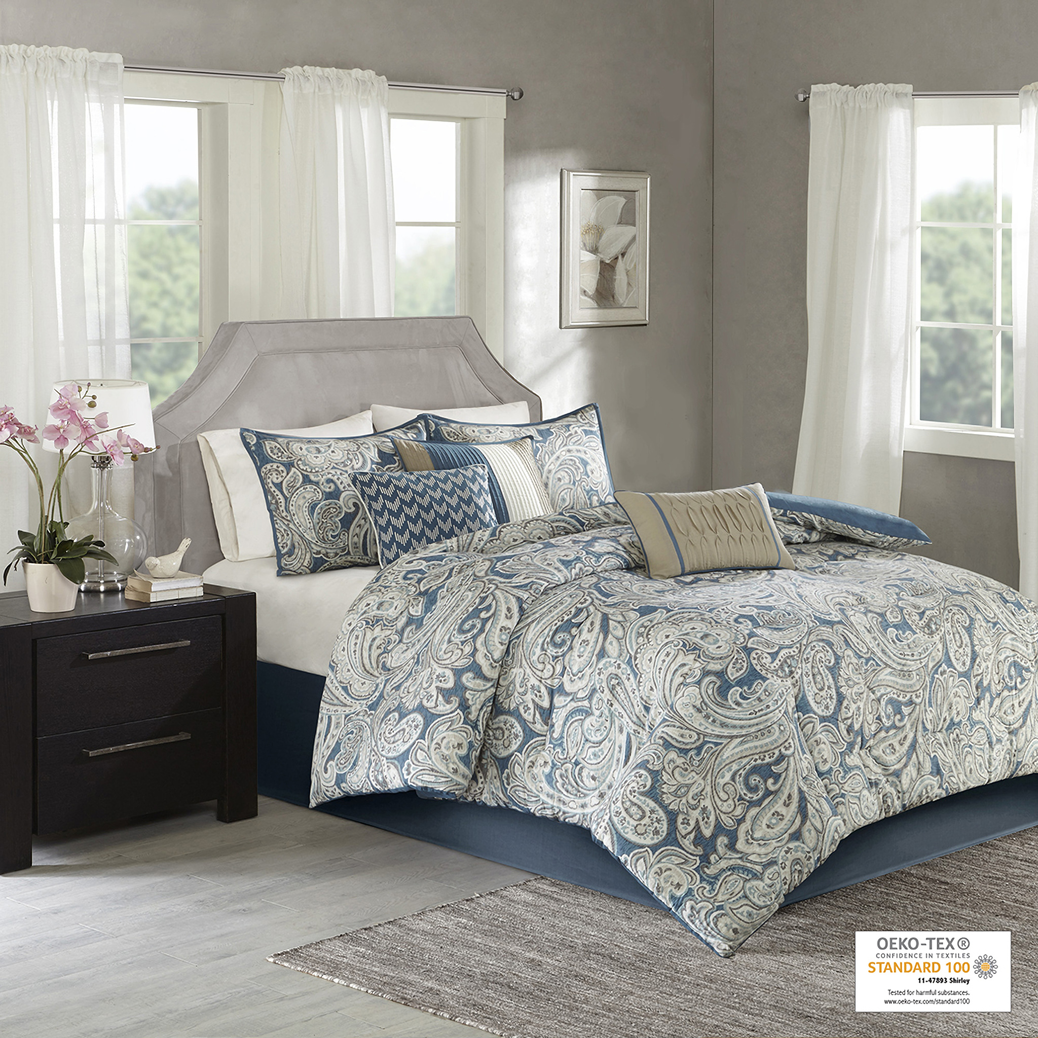 Gabby Cotton Sateen Printed 7Pcs Queen Comforter Set In Blue by