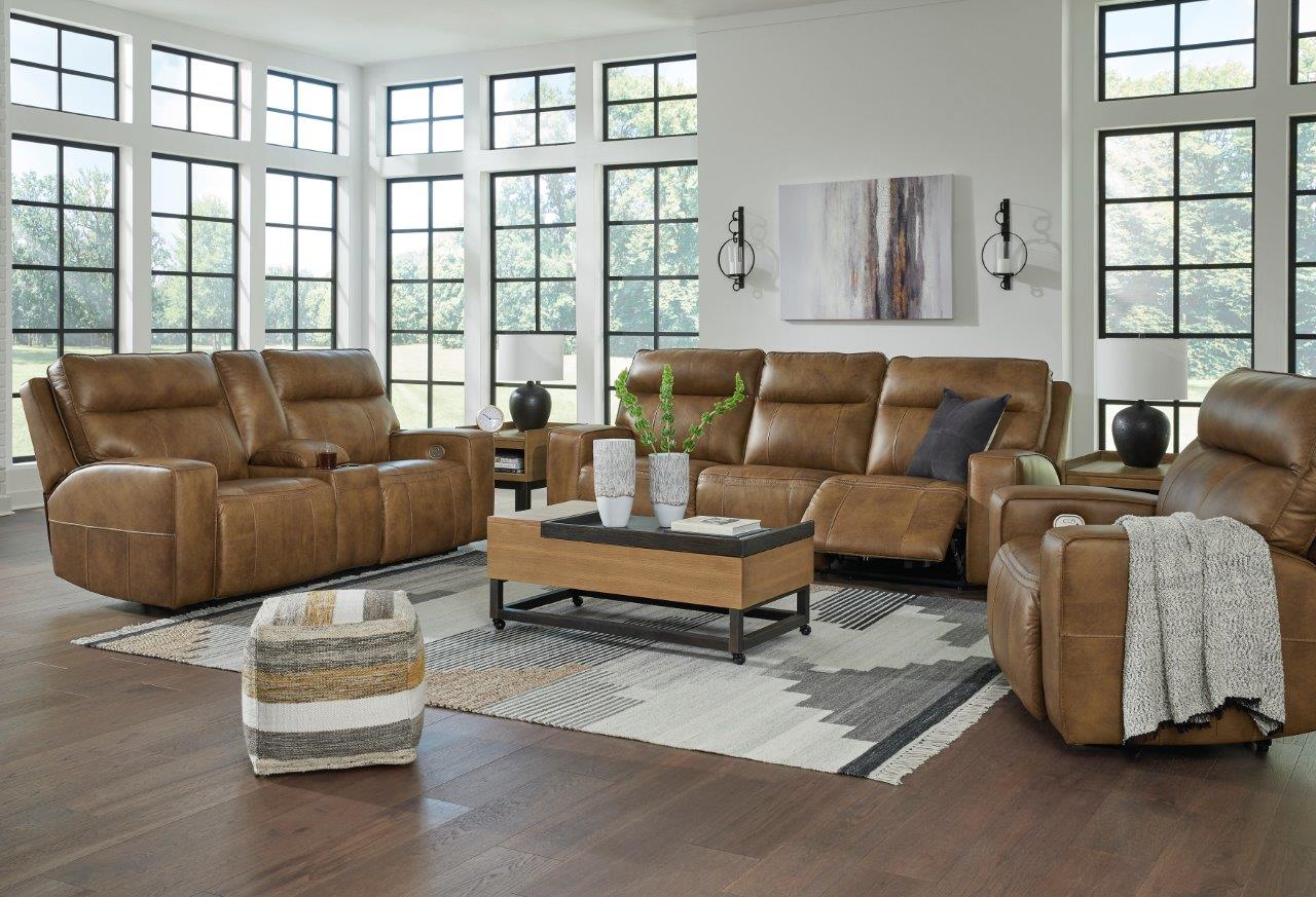 Game Plan Caramel Leather Power Reclining Living Room Set with ...