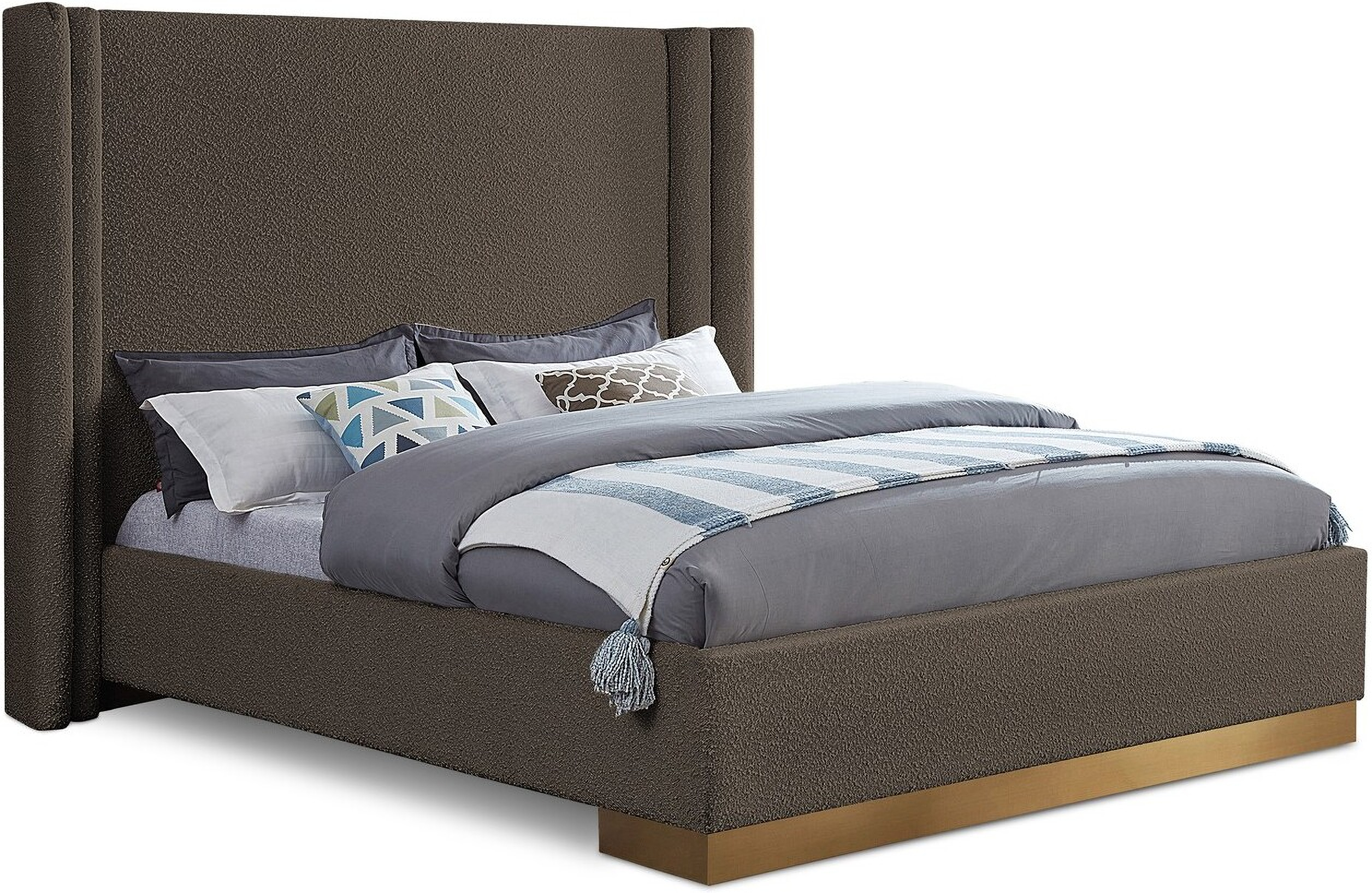 Halton Boucle Fabric Queen Bed In Brown by Meridian 1StopBedrooms