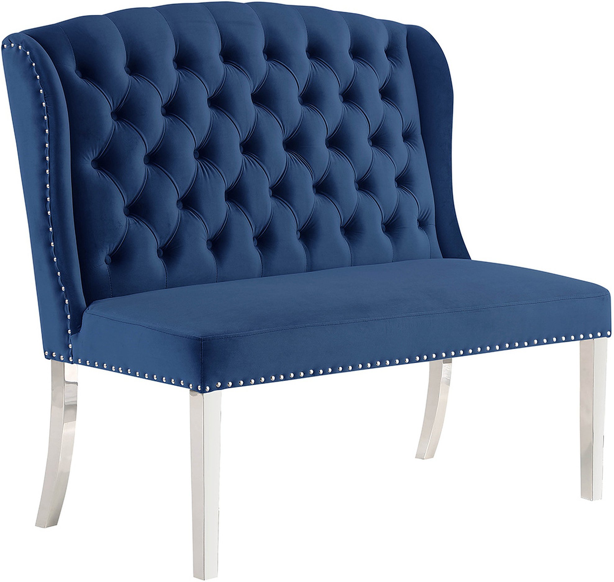 Hana Blue Velvet Dining Bench Solid Back In Silver