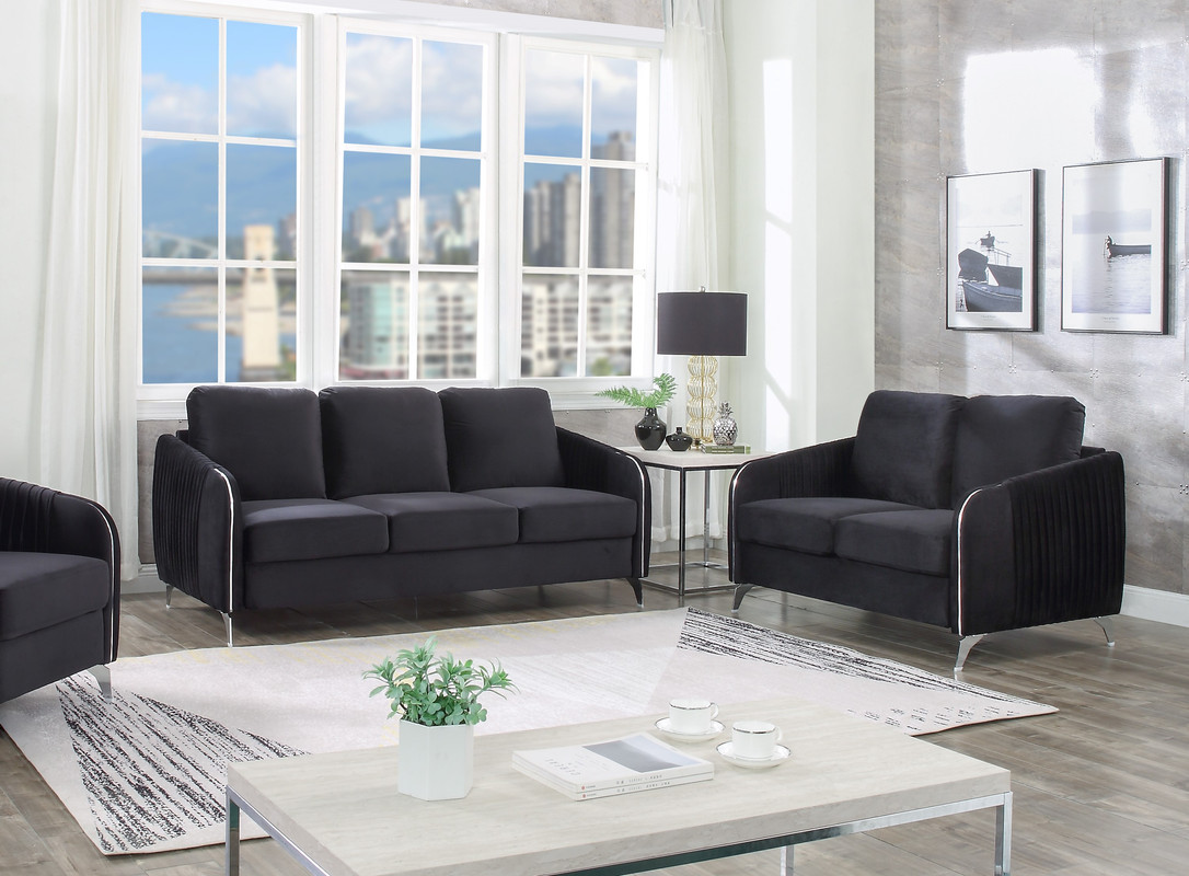 Hathaway Black Velvet Fabric Sofa Loveseat Living Room Set by Lilola Home | 1StopBedrooms