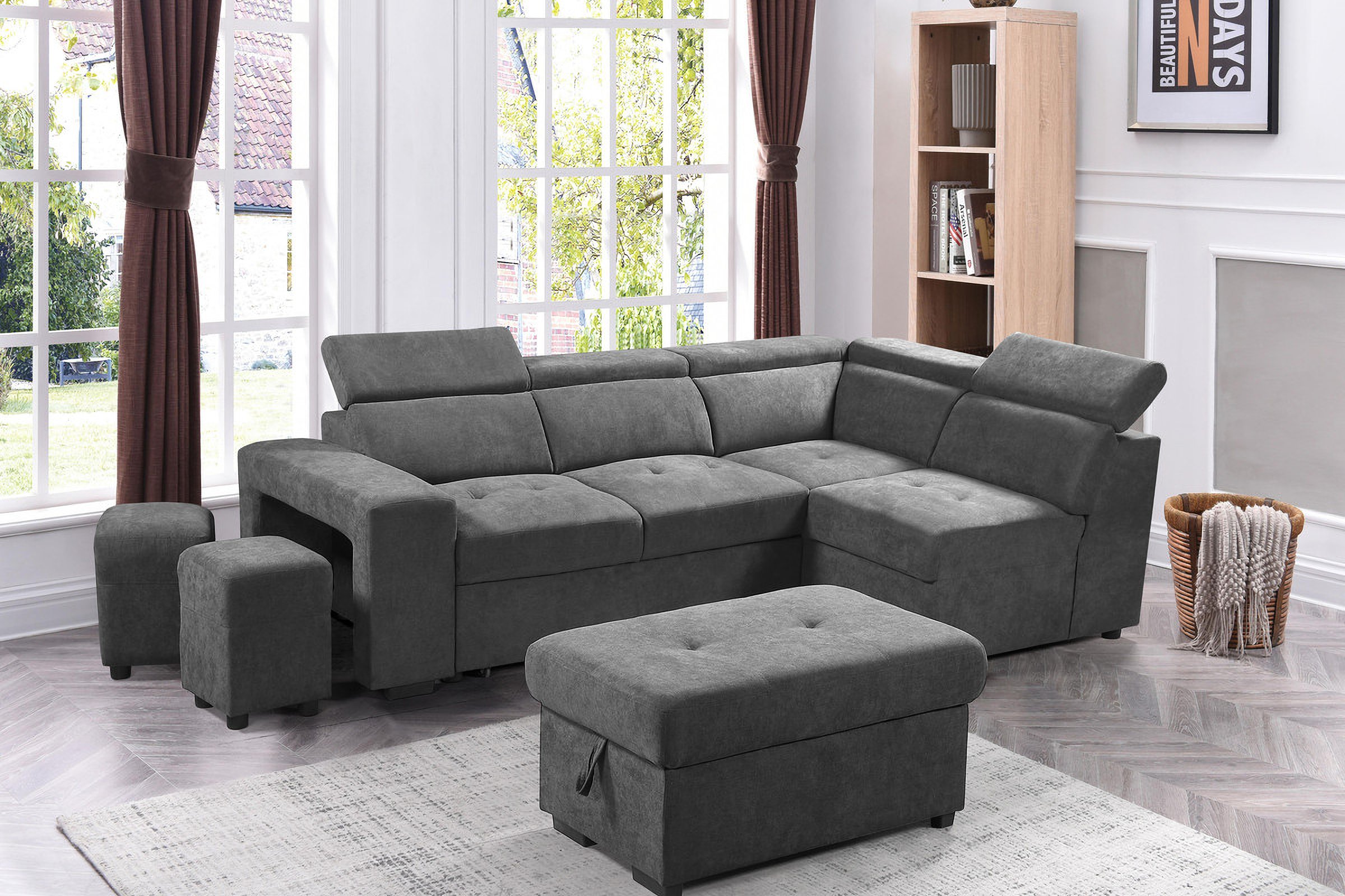 Henrik Light Gray Sleeper Sectional Sofa With Storage Ottoman And 2 Stools 1StopBedrooms
