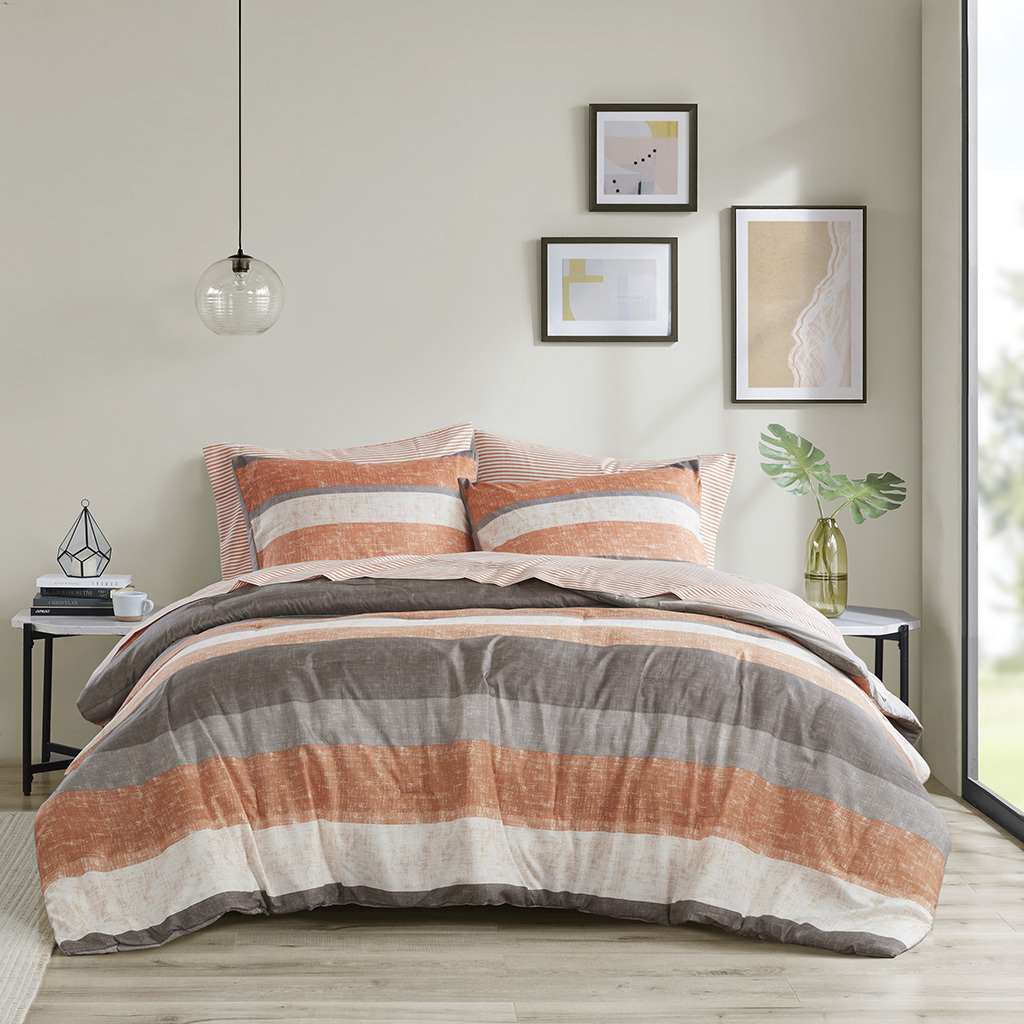 Jaxon Stripe 7 Piece Queen Comforter Set with Bed Sheets In Coral and ...