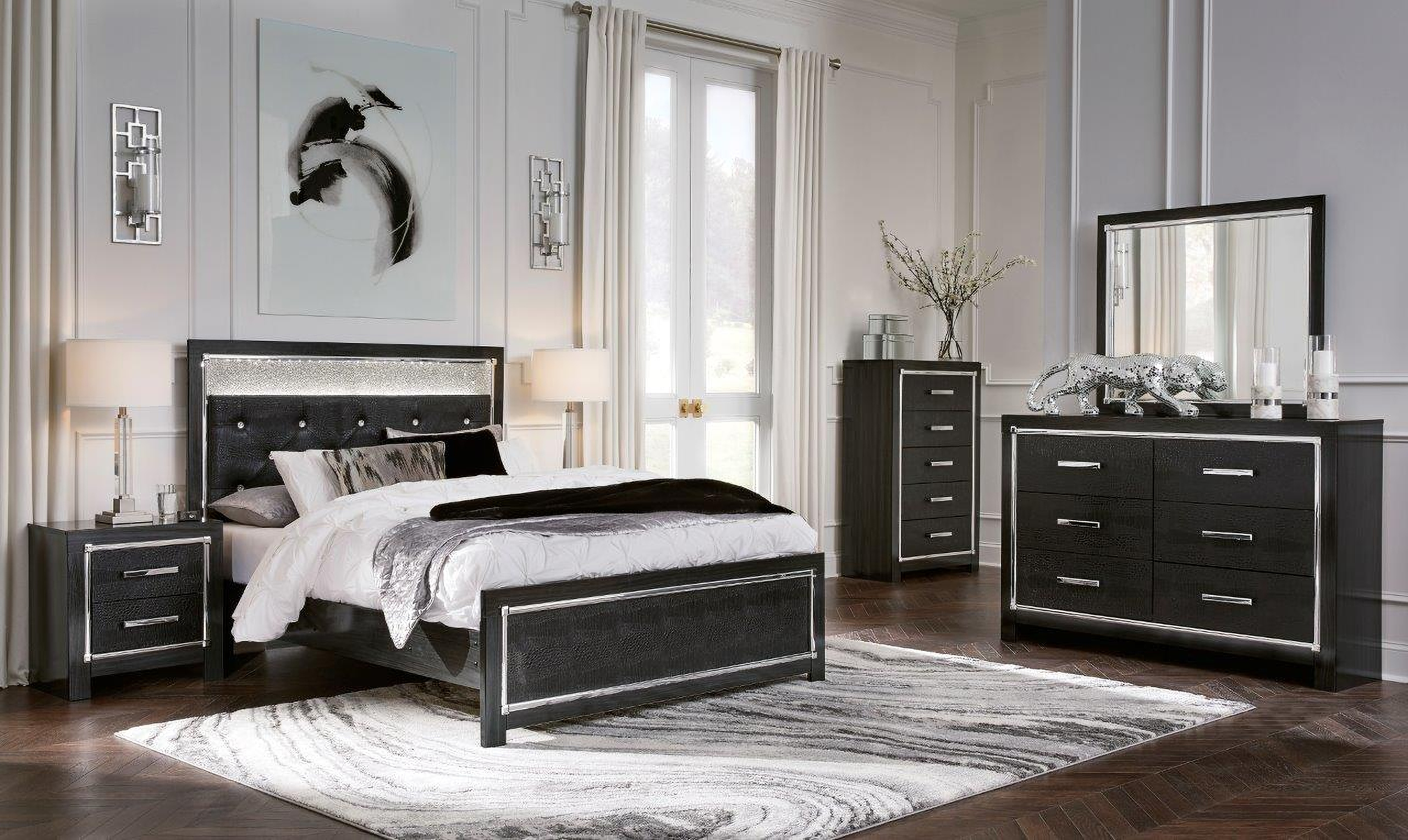 Kaydell Black Lighted Upholstered Panel Bedroom Set by Ashley Furniture ...