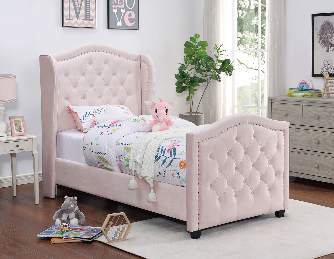 Furniture of America Ariston Rose Pink Tufted Twin Bed