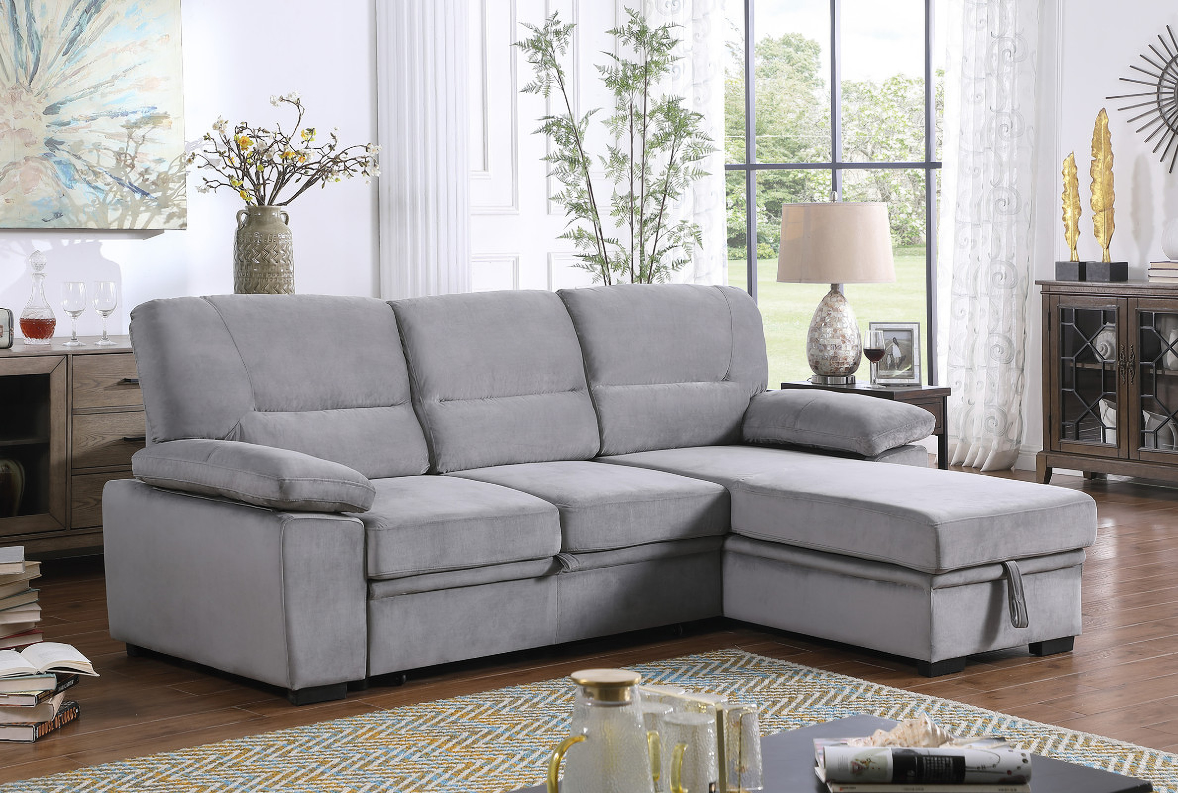 Kipling Gray Velvet Fabric Reversible Sleeper Sectional Sofa Chaise by ...