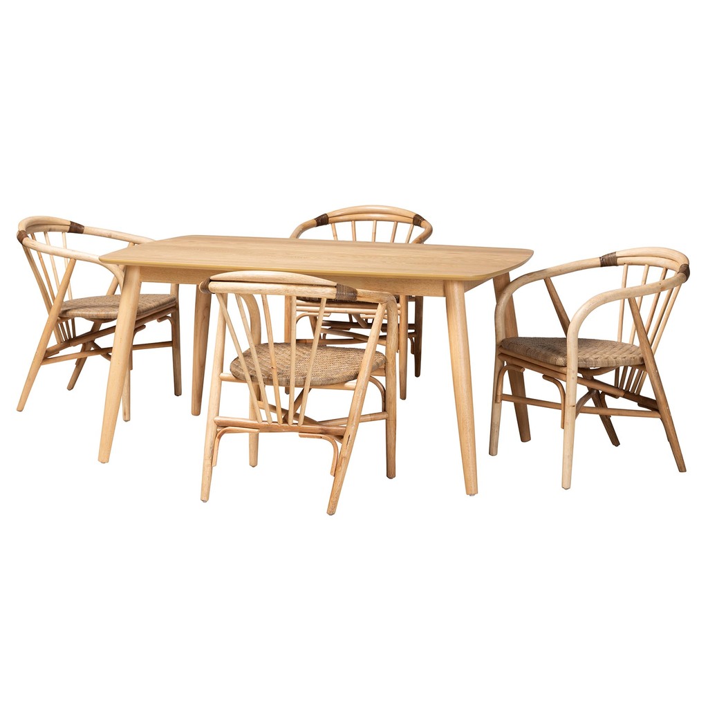 Kyoto Wood and Rattan 5 Piece Dining Set In Natural Brown by