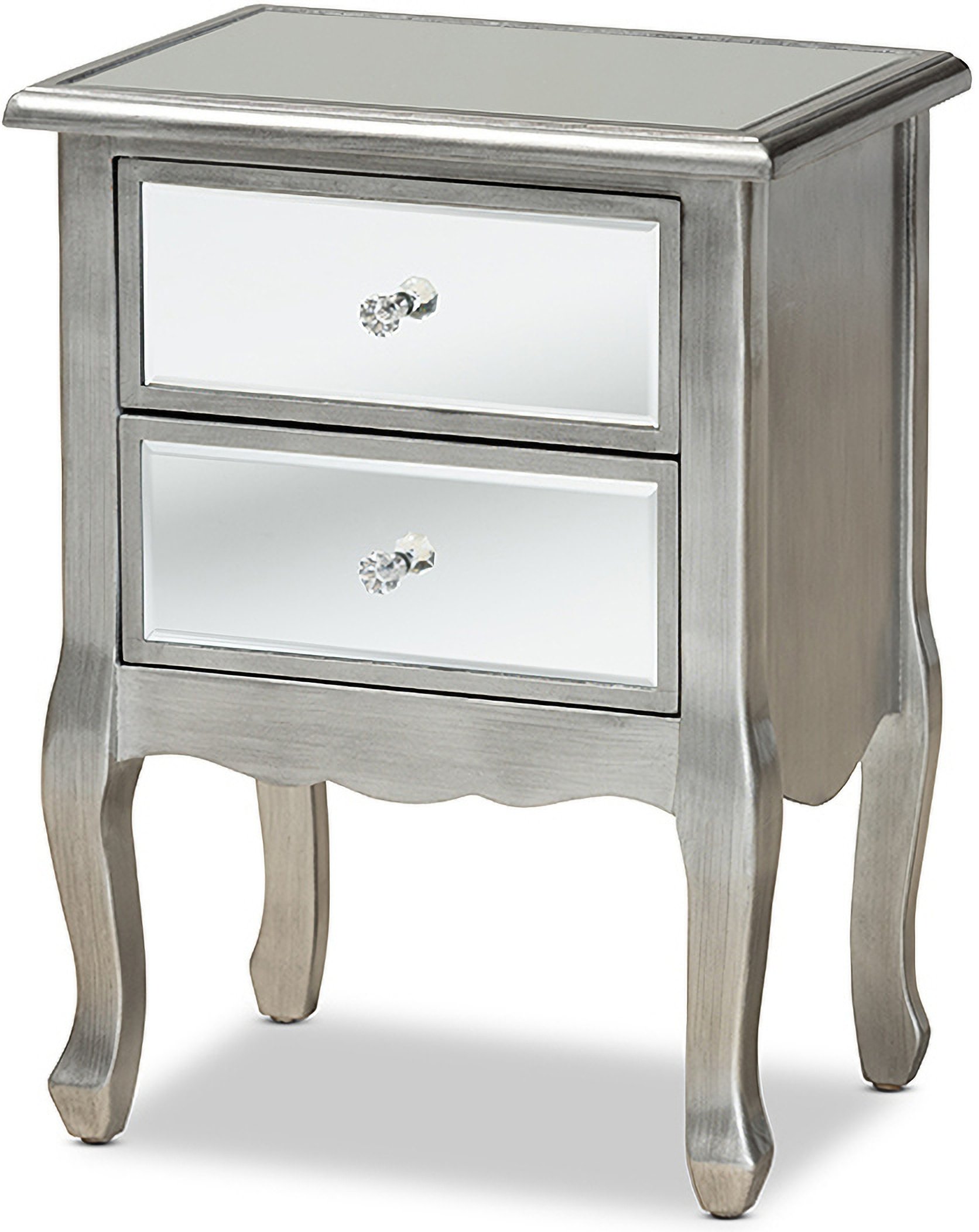 Leonie Modern Transitional French Brushed Silver Finished Wood And Mirrored Glass 2 Drawer Nightstand 1stopbedrooms