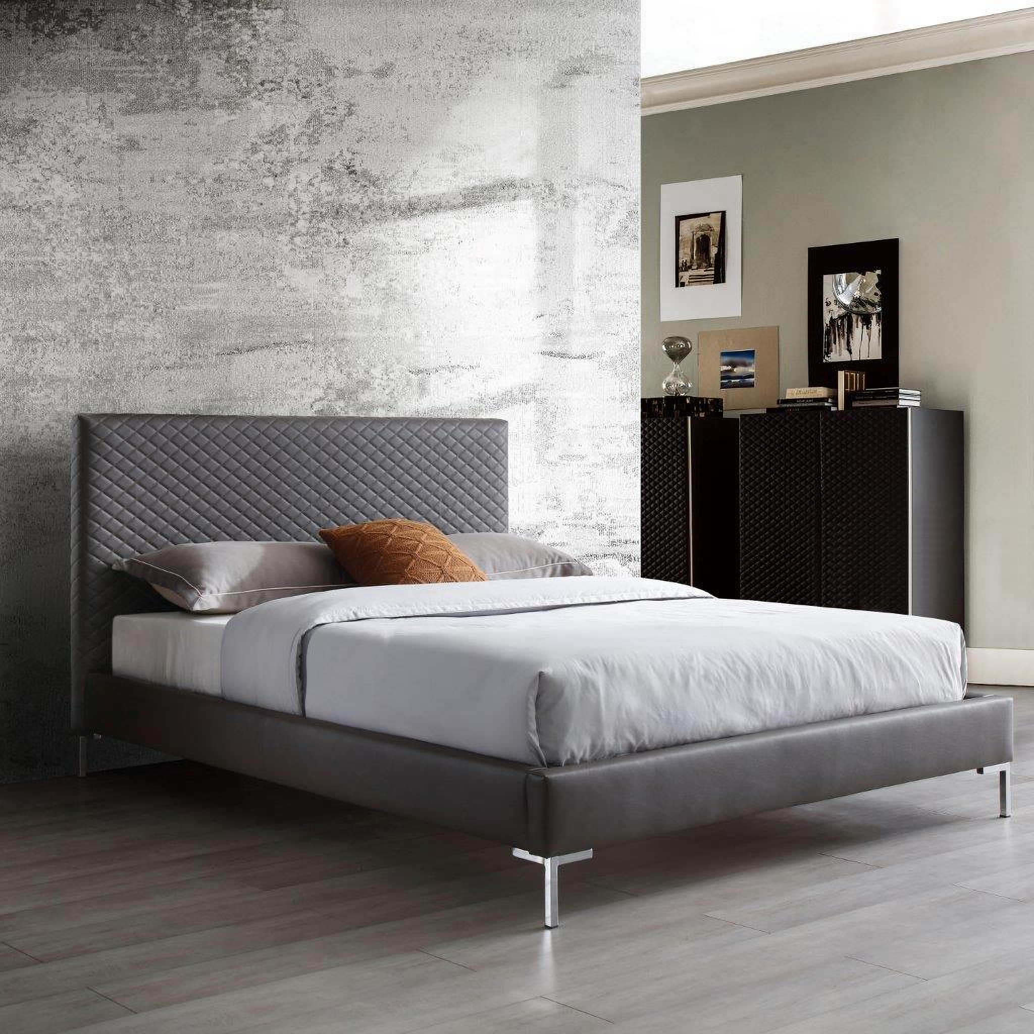 Liz Queen Bed With Fully Upholstered Dark Gray Faux Leather by