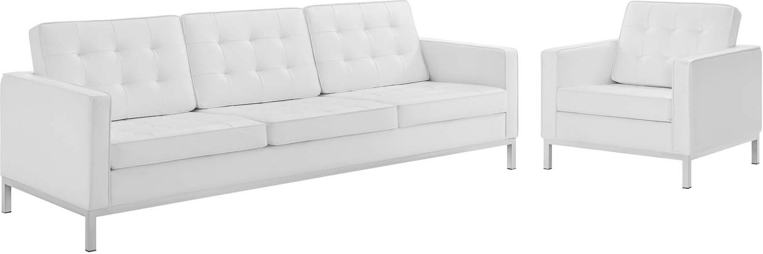 Loft Silver and White Tufted Upholstered Faux Leather Sofa and Arm