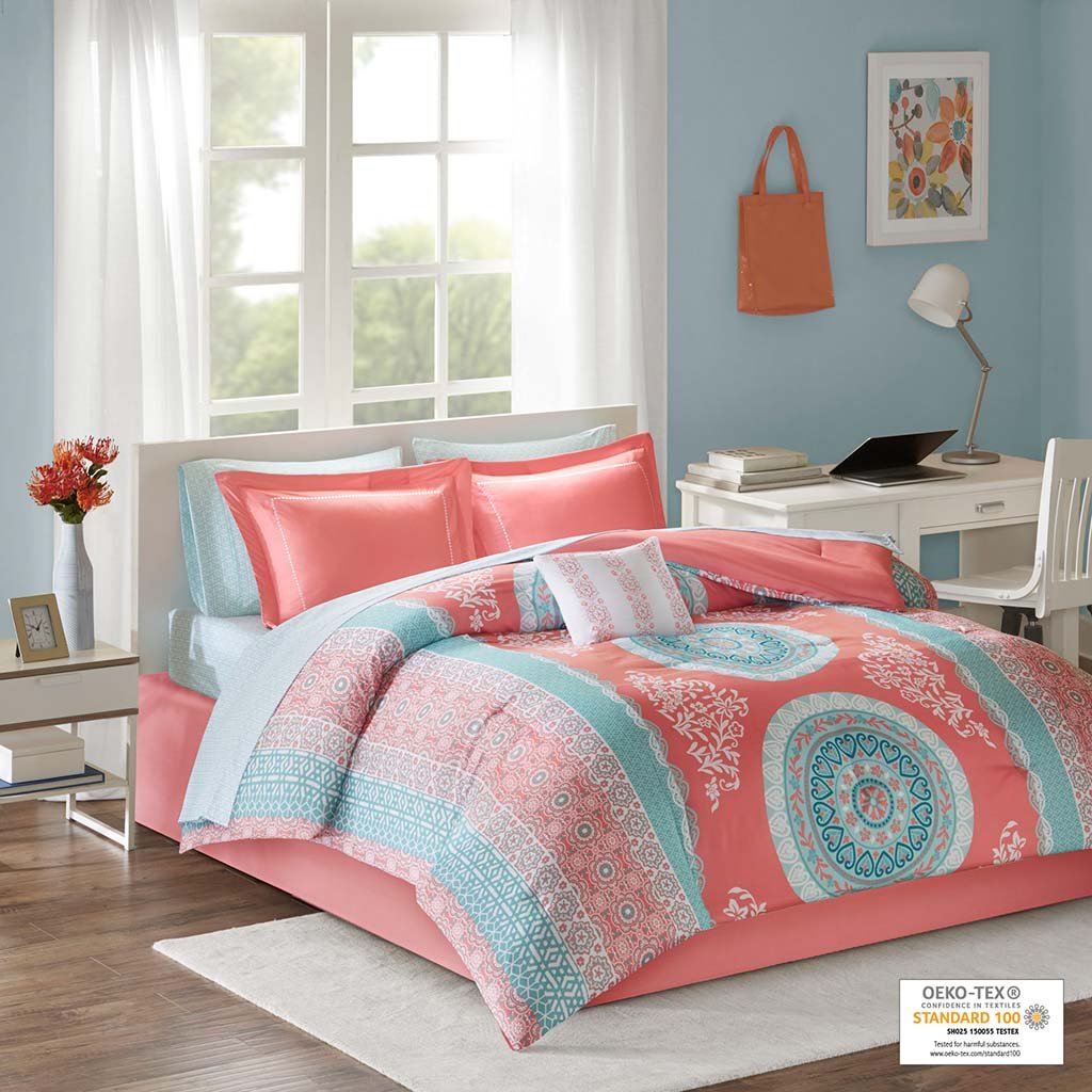 Loretta Polyester Microfiber Printed 9 Piece Comforter With Queen Sheet Set  In Coral by Olliix