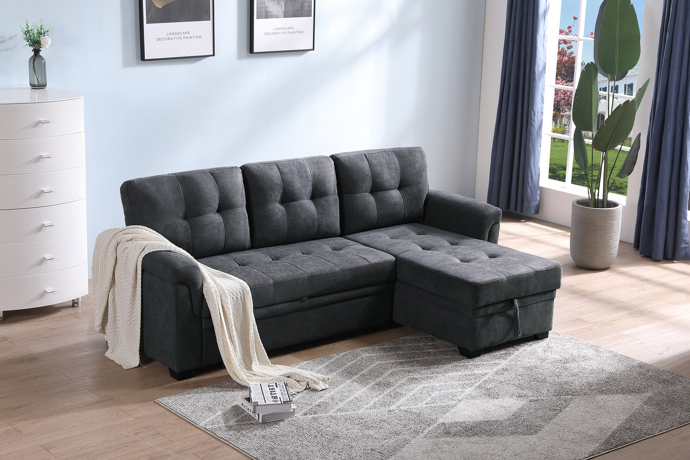 Lucca 84 Inch Fabric Reversible Sectional Sleeper Sofa Chaise with Storage In Dark Gray by Lilola Home 1StopBedrooms