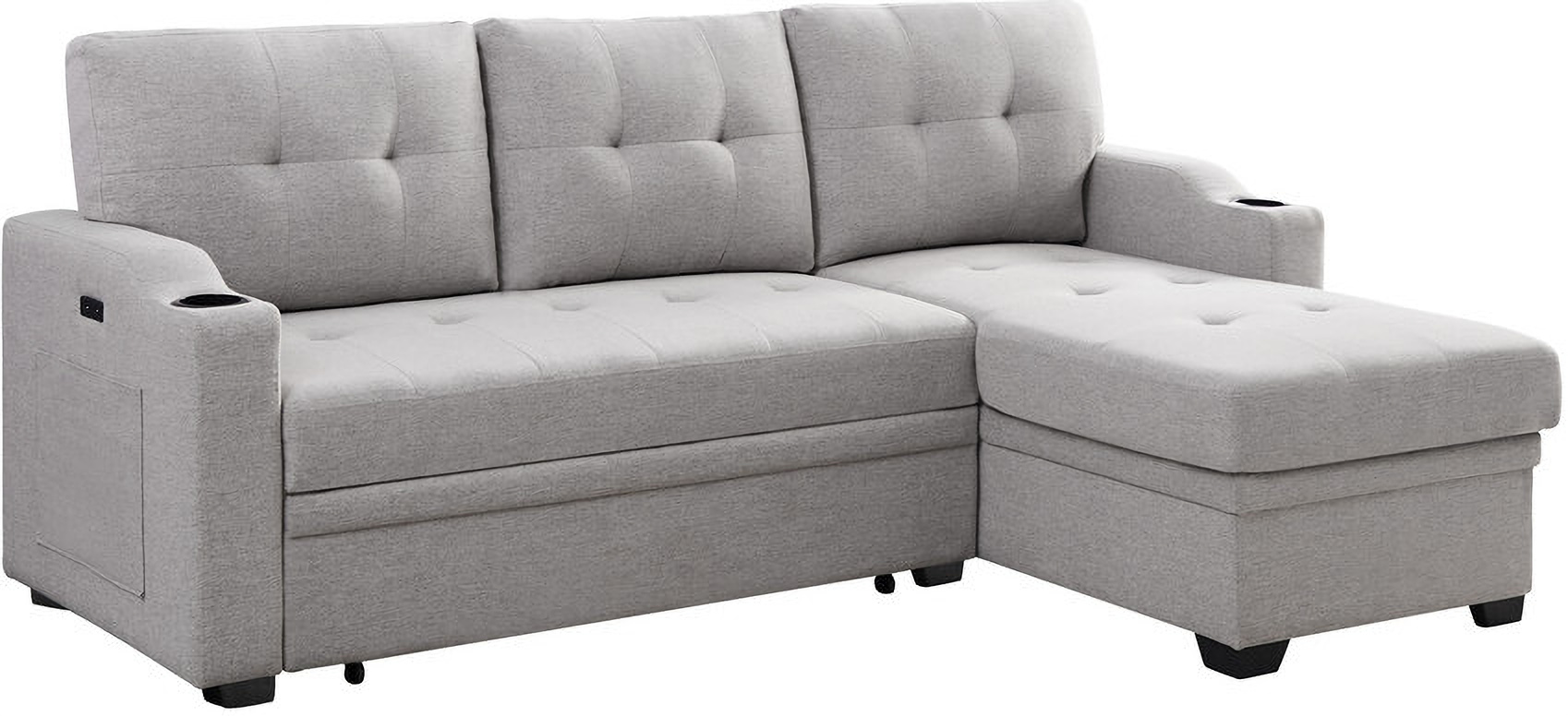 Modular Upholstered Sectional Sofa with USB Charge Ports, 4-Seater - Beige Chenille