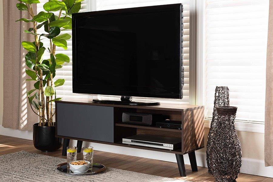 Mallory Modern and Contemporary Two-Tone Walnut Brown and Grey Finished  Wood TV Stand