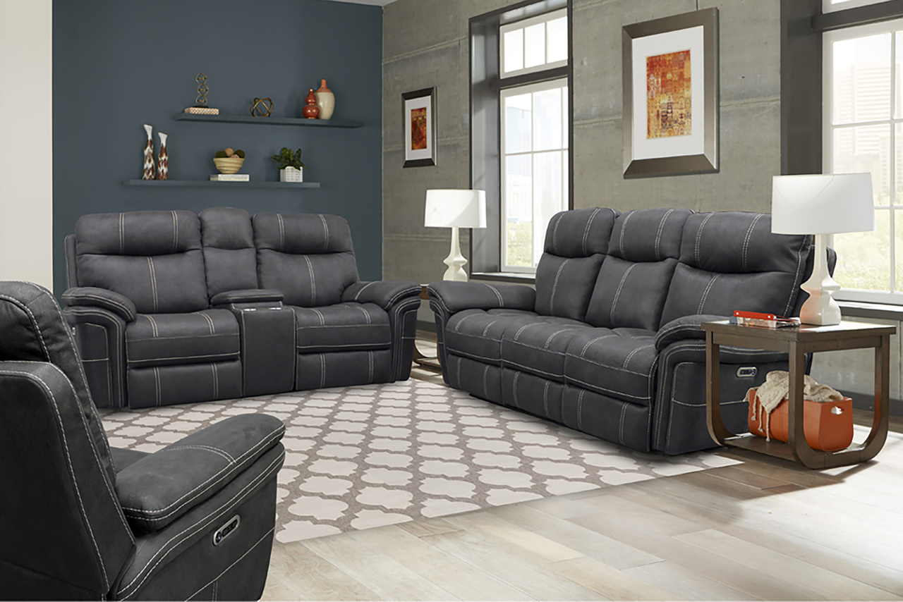 Mason Power Reclining Sofa Loveseat and Recliner In Carbon by