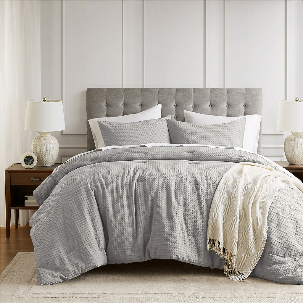 Photo inspiration: Visual Reference: Mina Waffle Weave Textured Comforter Set In Light Grey By