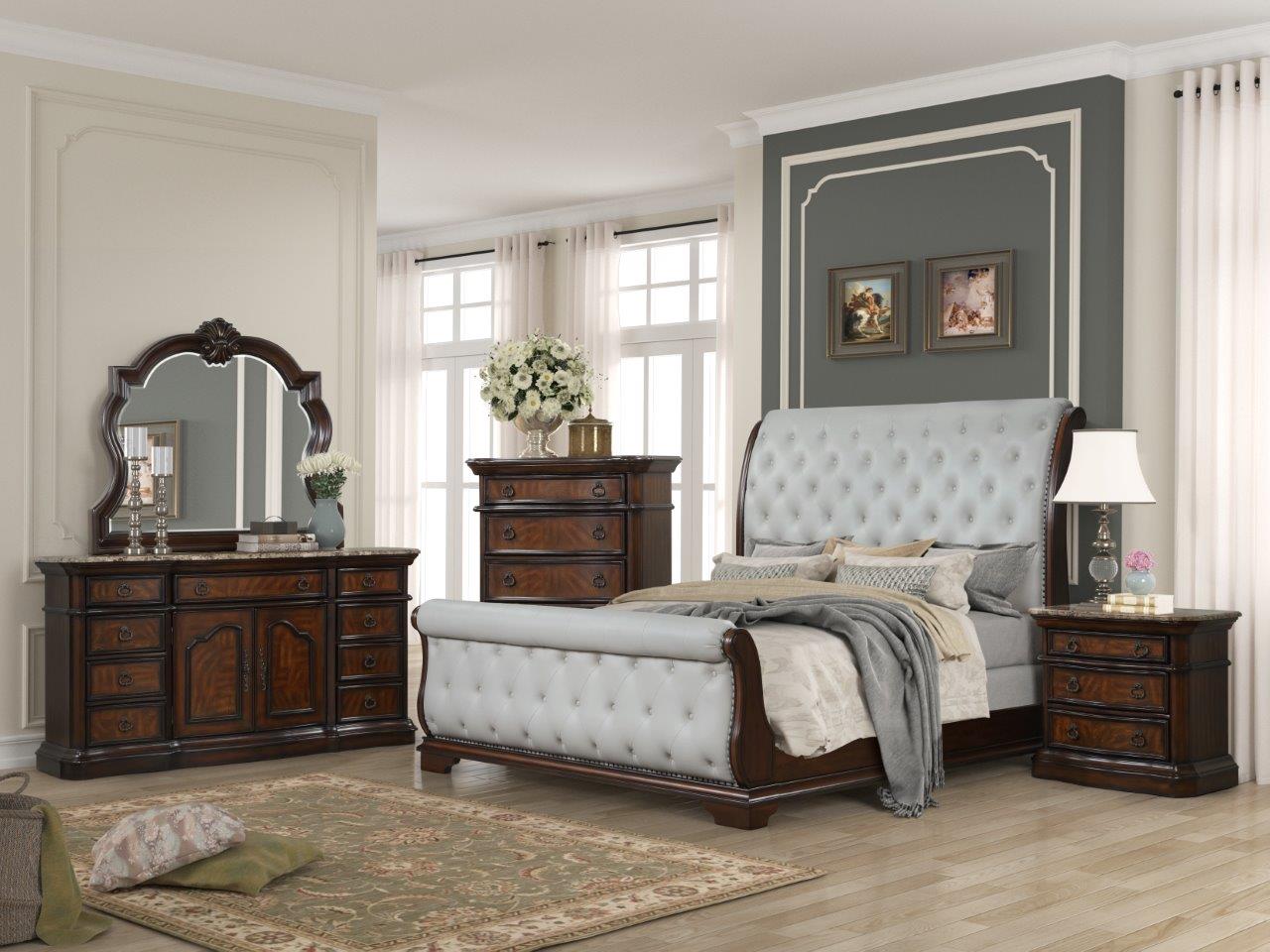 Classic Deep Cherry Finish Elegant 5Pc Bedroom Set w/Sleigh Bed