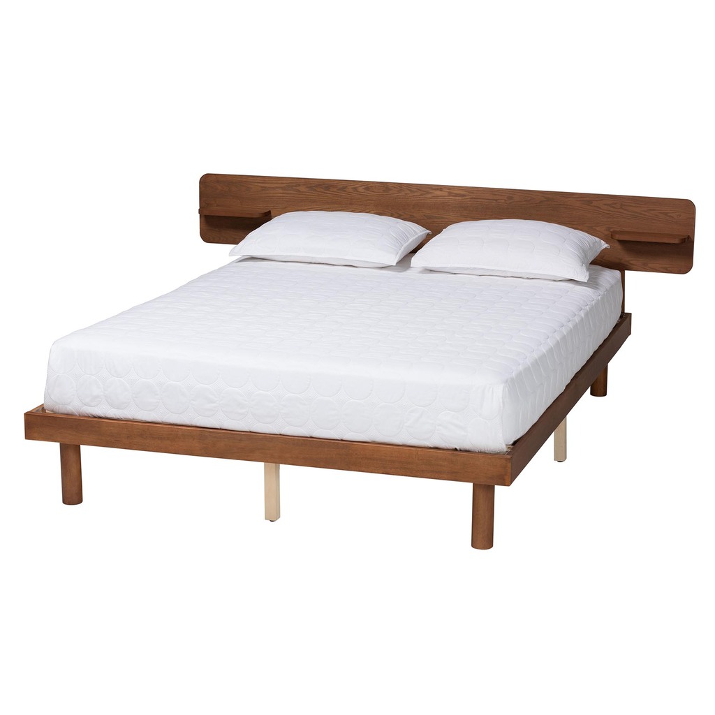 Morana Wood Queen Platform Bed With Built In Shelf In Walnut Brown