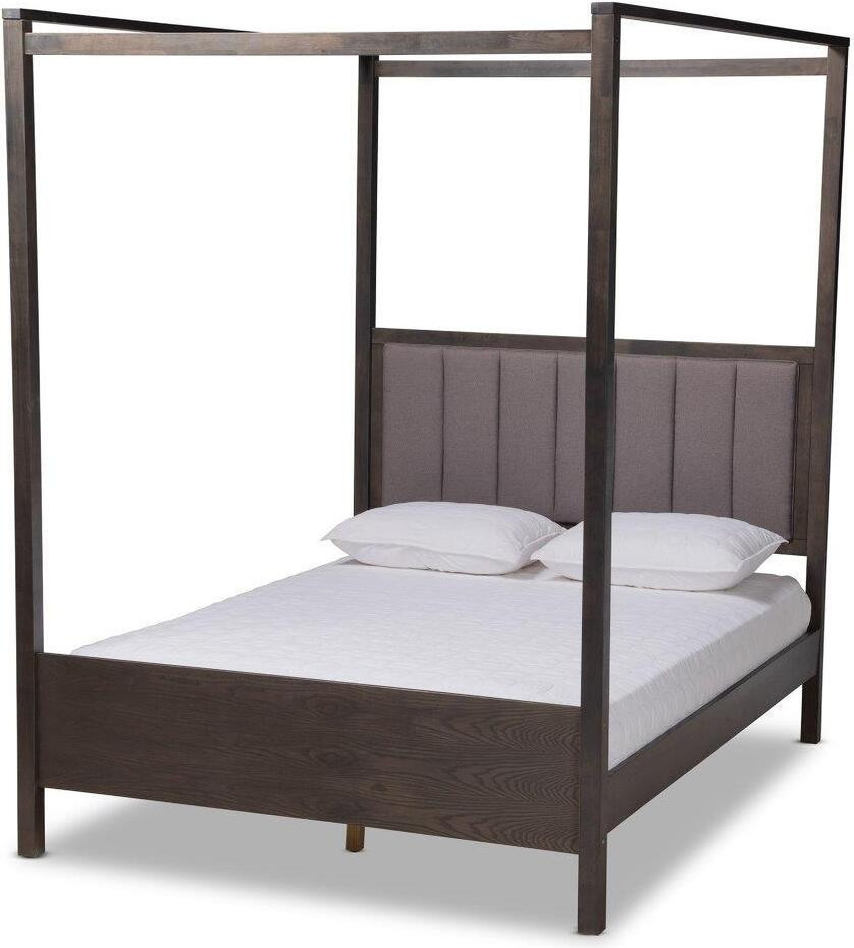 Natasha Modern And Contemporary Grey Fabric Upholstered And Dark Grey Oak Finished Wood Queen Size Platform Canopy Bed 1stopbedrooms