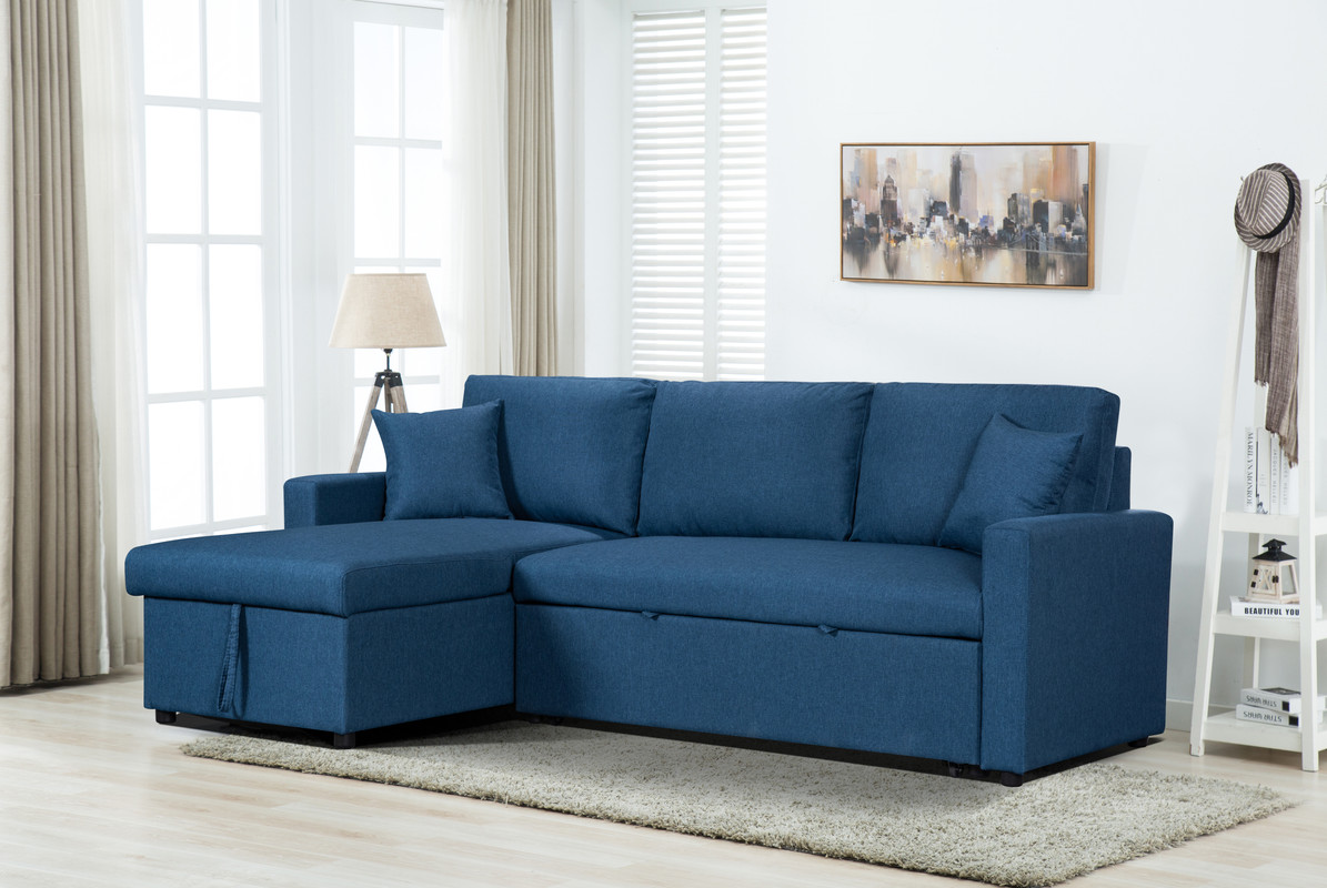vooroordeel werkloosheid Beweging Paisley Blue Linen Fabric Reversible Sleeper Sectional Sofa With Storage  Chaise - 1StopBedrooms