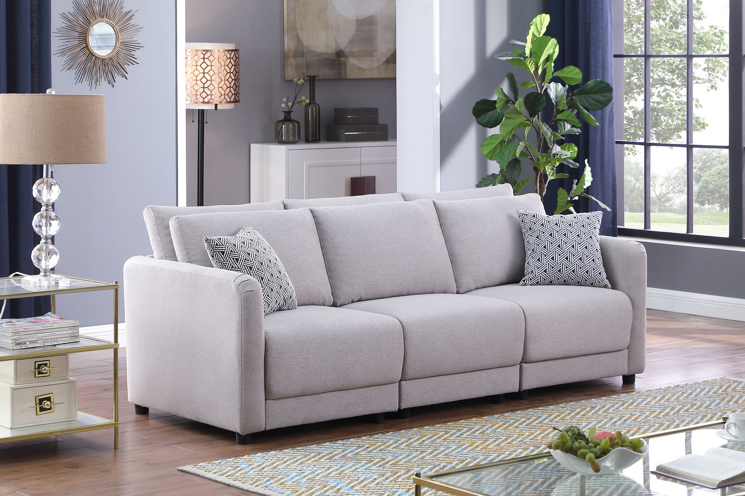 Penelope Light Gray Linen Fabric Sofa With Pillows by Lilola Home ...