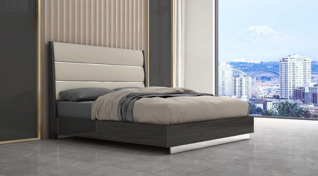 Pino King Bed With High Gloss Dark Grey Angley And Upholstered Panels In Headboard Light Grey Faux And Stainless Steel - 1StopBedrooms